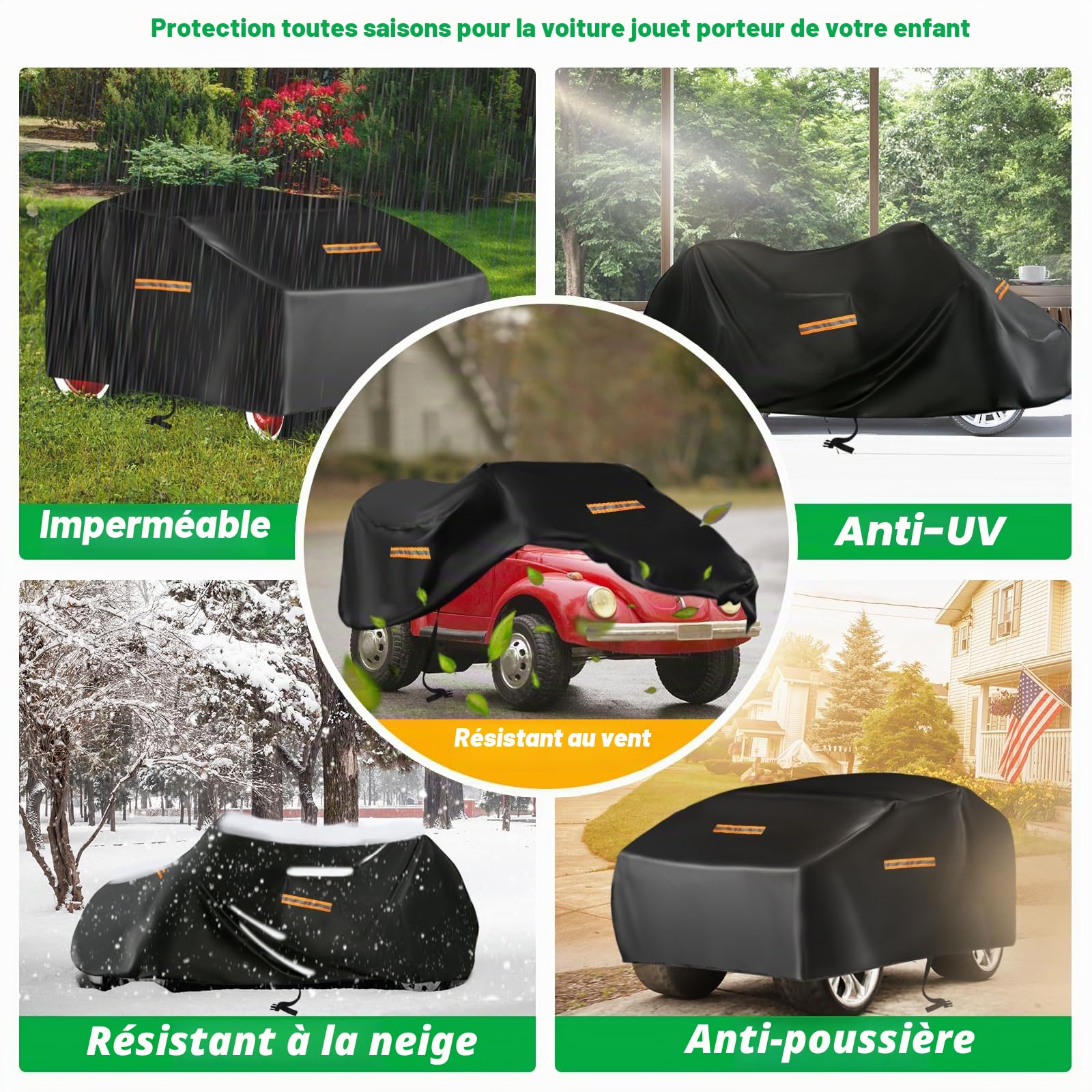 Housse de voiture en tissu Oxford 420D robuste Grande protection imperméable et anti-UV 3 bandes réfléchissantes, boucles