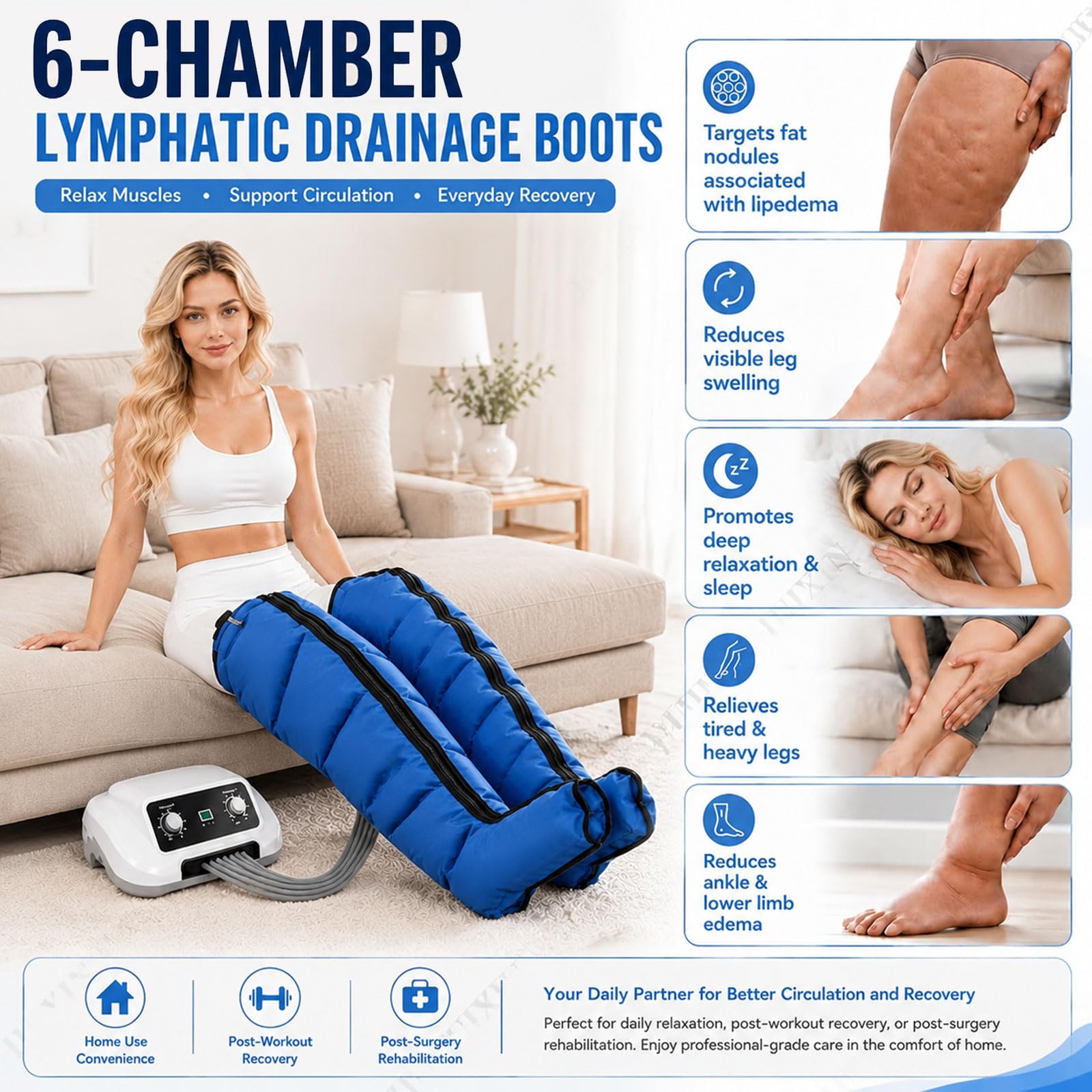 Masajeador Presoterapia Piernas y Abdomen, Botas de Presoterapia 6 Cámaras | Sistema Neumático con Presión Ajustable 0-240 mmHg y Temporizador 30 Min para Casa, Oficina y Bienestar Diario