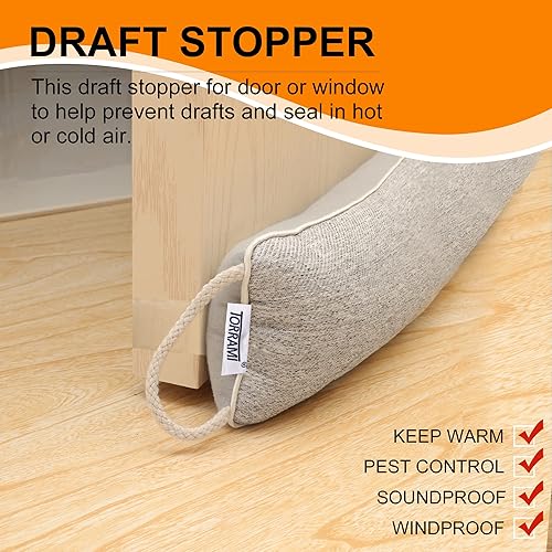 Miniatura 3 de TORRAMI Tope de aire para puerta de 38 pulgadas, aislamiento inferior, 2.2 libras, sello de protección para puertas y ventanas, color gris claro
