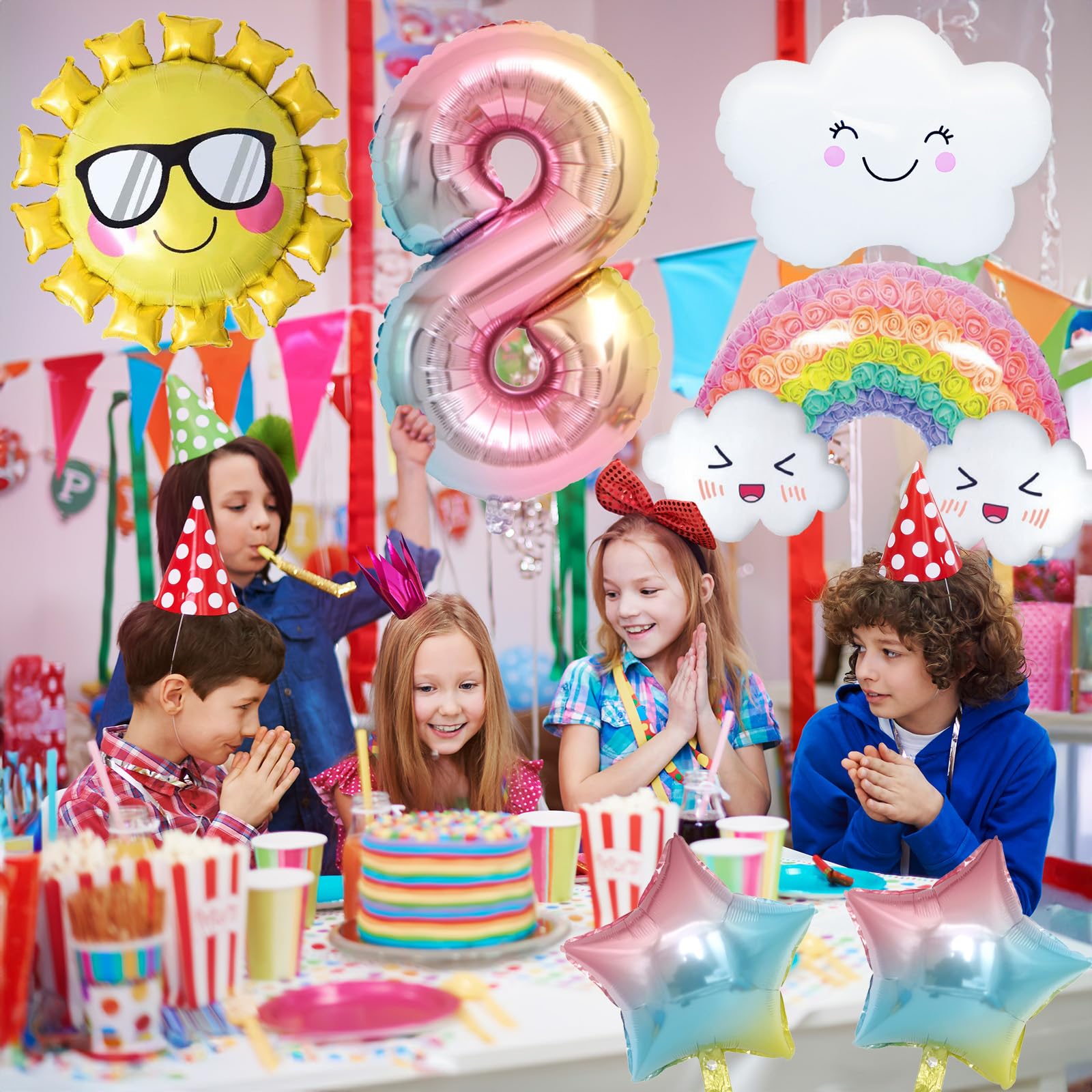 8 Jahre Regenbogen Geburtstag Deko für Mädchen - Folienballon, Sonne, Sterne Luftballons für 8. Geburtstag Mädchen