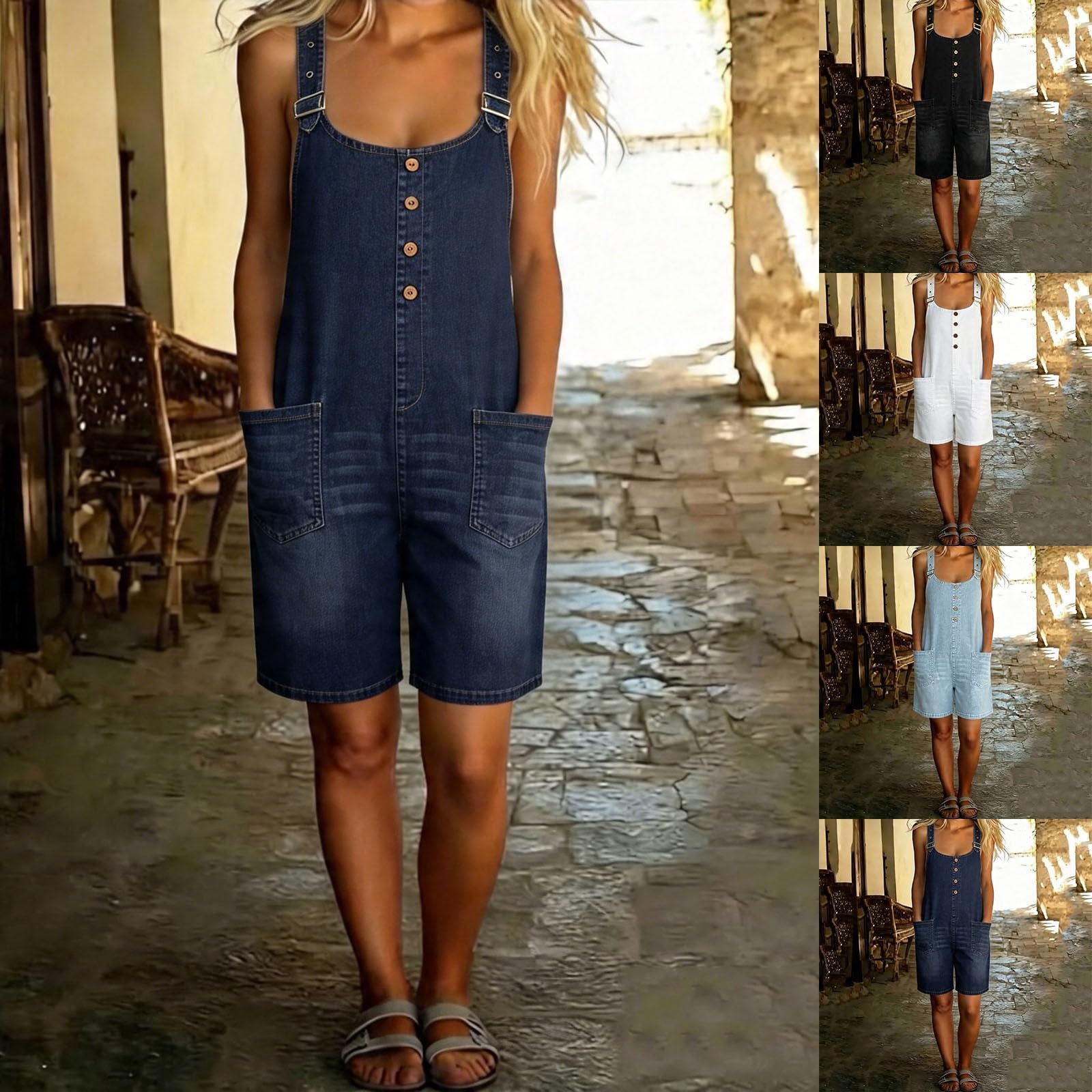 Generico Salopette Casual Stretch Denim Donna Jeans Tuta con Tasche Ragazza Sciolto Overall Corto Dungarees Casual Pantaloni Bavaglino Jumpsuit Moda Hippie Cinturino Bellissimo