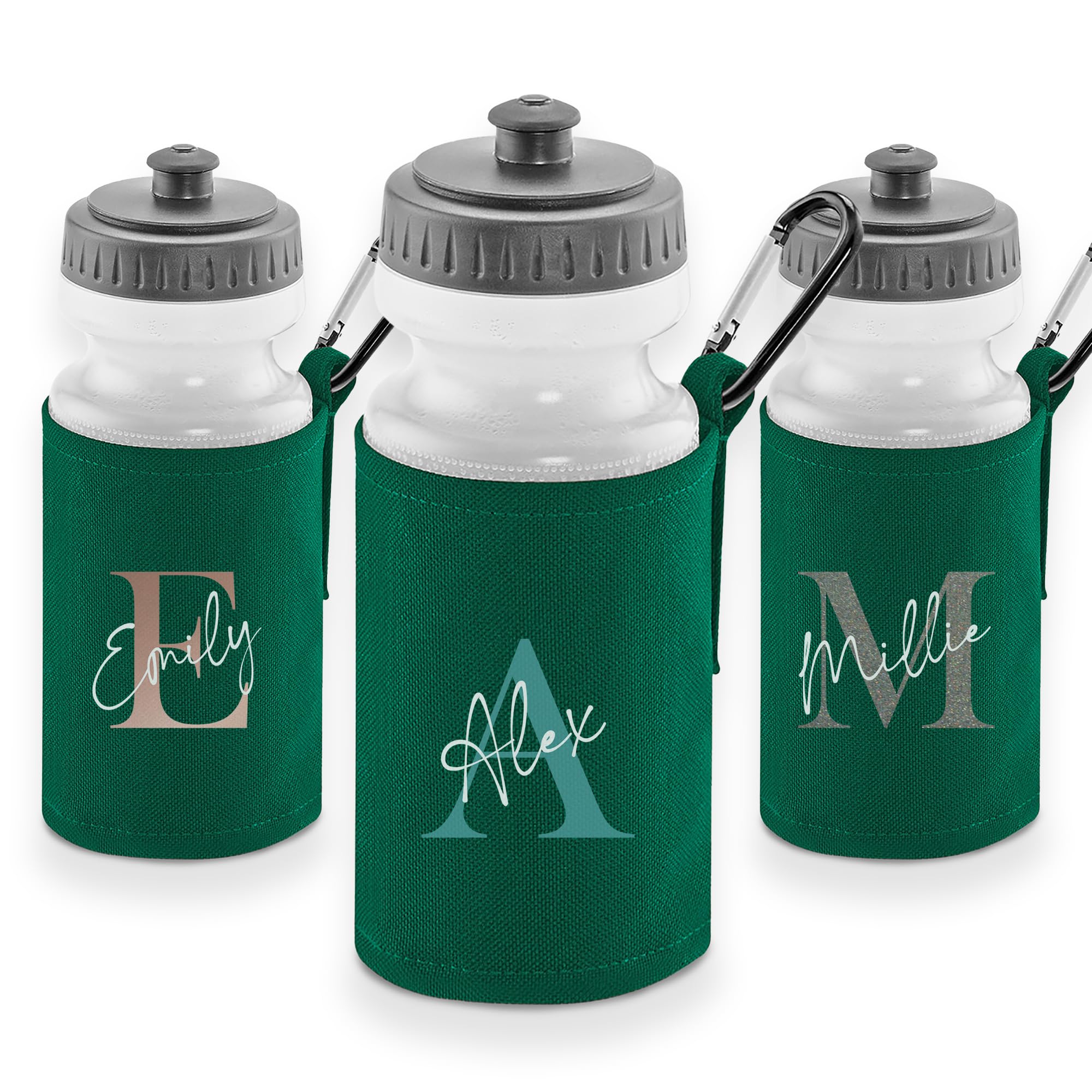 Personalised Monogram Water Bottle with Large Initial Letter Design – 500ml BPA Free Reusable School, Gym & Travel Drinks Flask with Protective Sleeve and Carabiner – Stylish Gift for Kids & Adults
