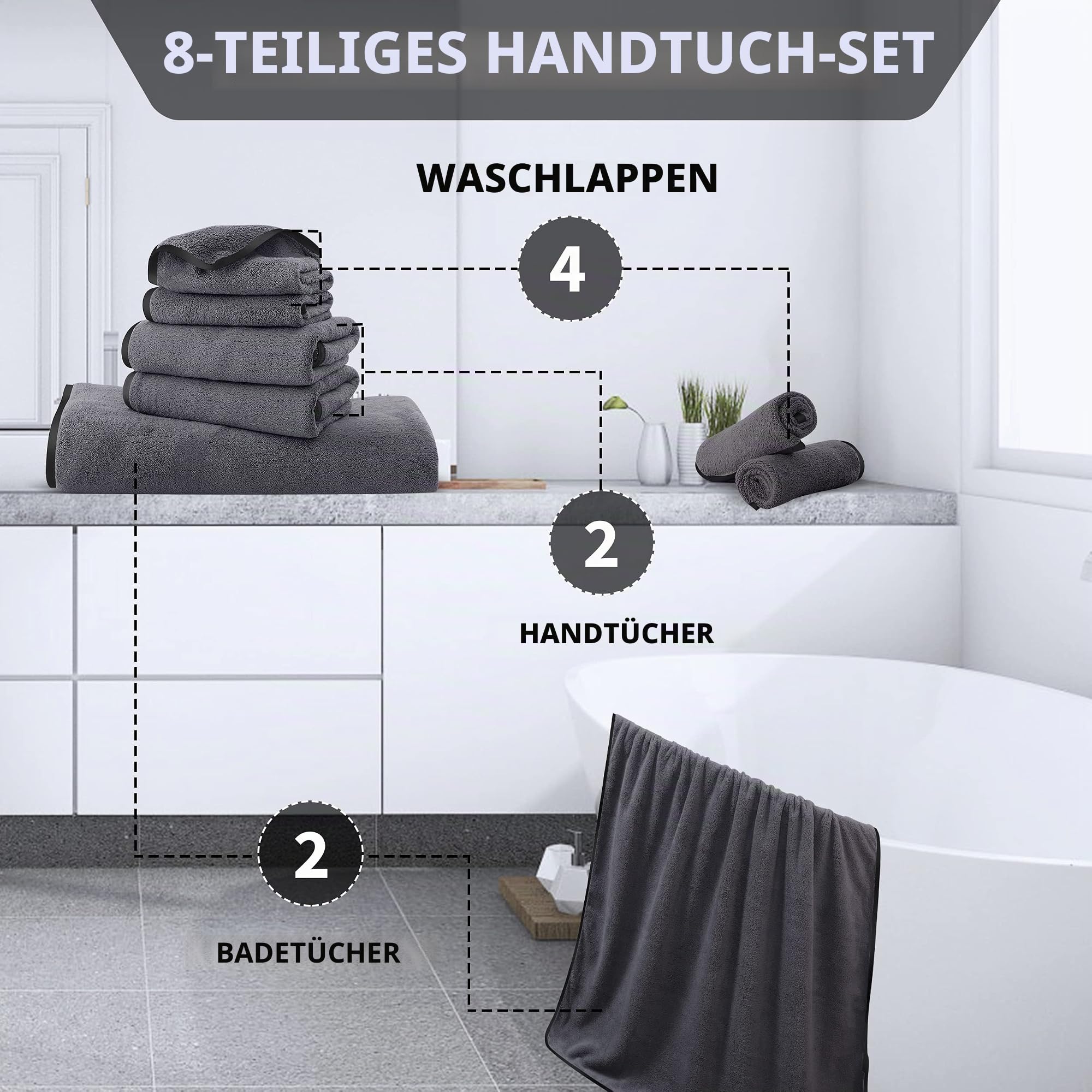 Cosy Family Mikrofaser-Handtuch-Set, 8-teilig, 2 Badetücher, 2 Handtücher und 4 Waschlappen, ultraweiche, sehr saugfähige Handtücher für Badezimmer, Fitnessstudio, Hotel, Strand und Spa (Dunkelgrau)