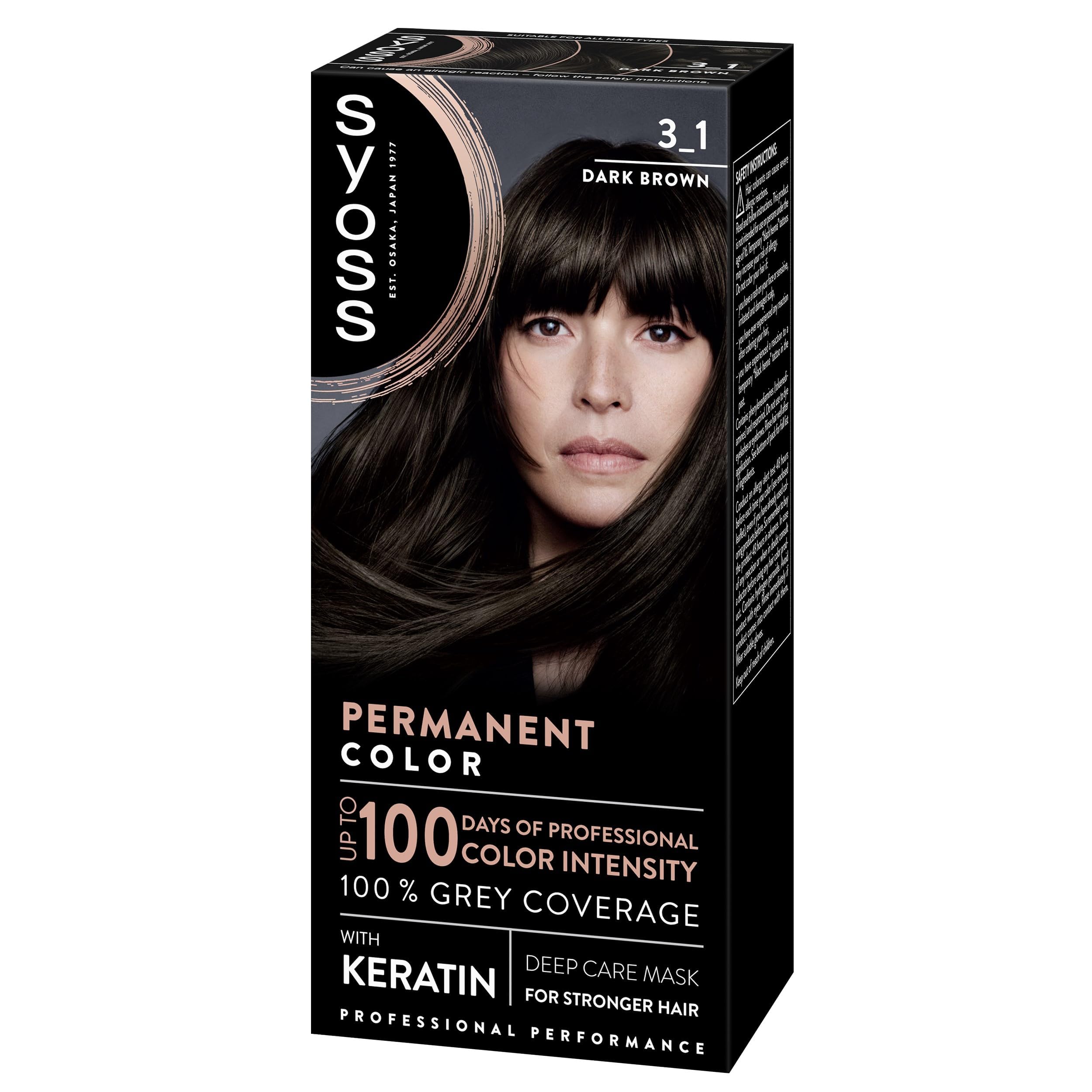 SYOSS Permanent Color 3-1 Castaño oscuro, tinte de pelo y mascarilla intensiva con keratina, para una cobertura profesional de canas, color duradero y cuidado intensivo