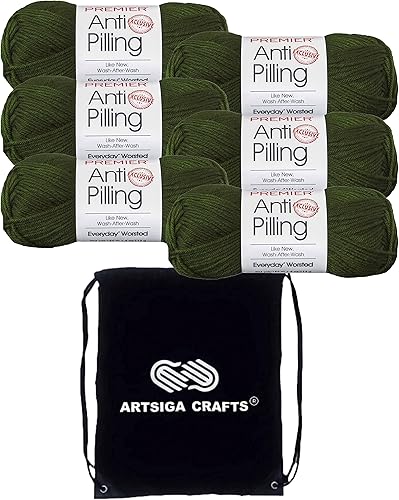 Premier Yarns Everyday DN100-8 - Hilo acrílico para tejer suave (6 madejas), color verde pino liso con 1 bolsa Artsiga para manualidades
