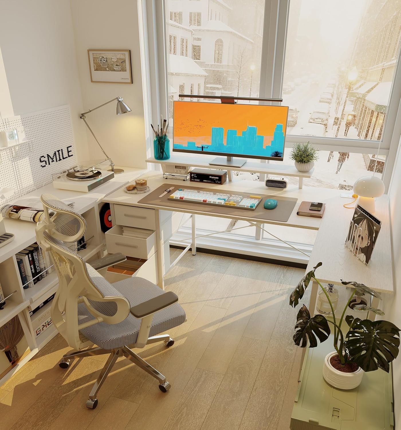 Scrivania a forma di L con 3 cassetti in tessuto, 120 x 80 cm, scrivania angolare reversibile con supporto per monitor, spina e porta di ricarica USB per home office, bianco