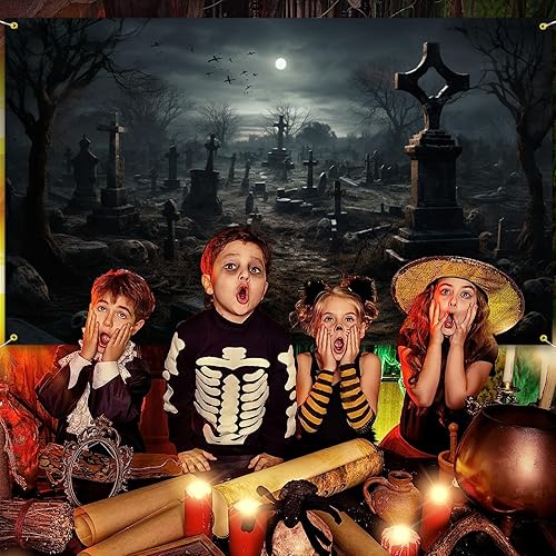 Miniatura 7 de Tapiz de cementerio aterrador de Halloween, decoración grande para colgar en la pared, decoración de esqueleto de noche de muerte, decoración de