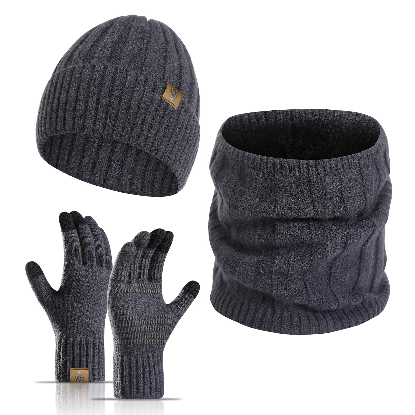 Winter Beanie Hats for Men Touchscreen Gloves Neck Warmer Scarf Set with Skull Caps for Men 3pcs Set
