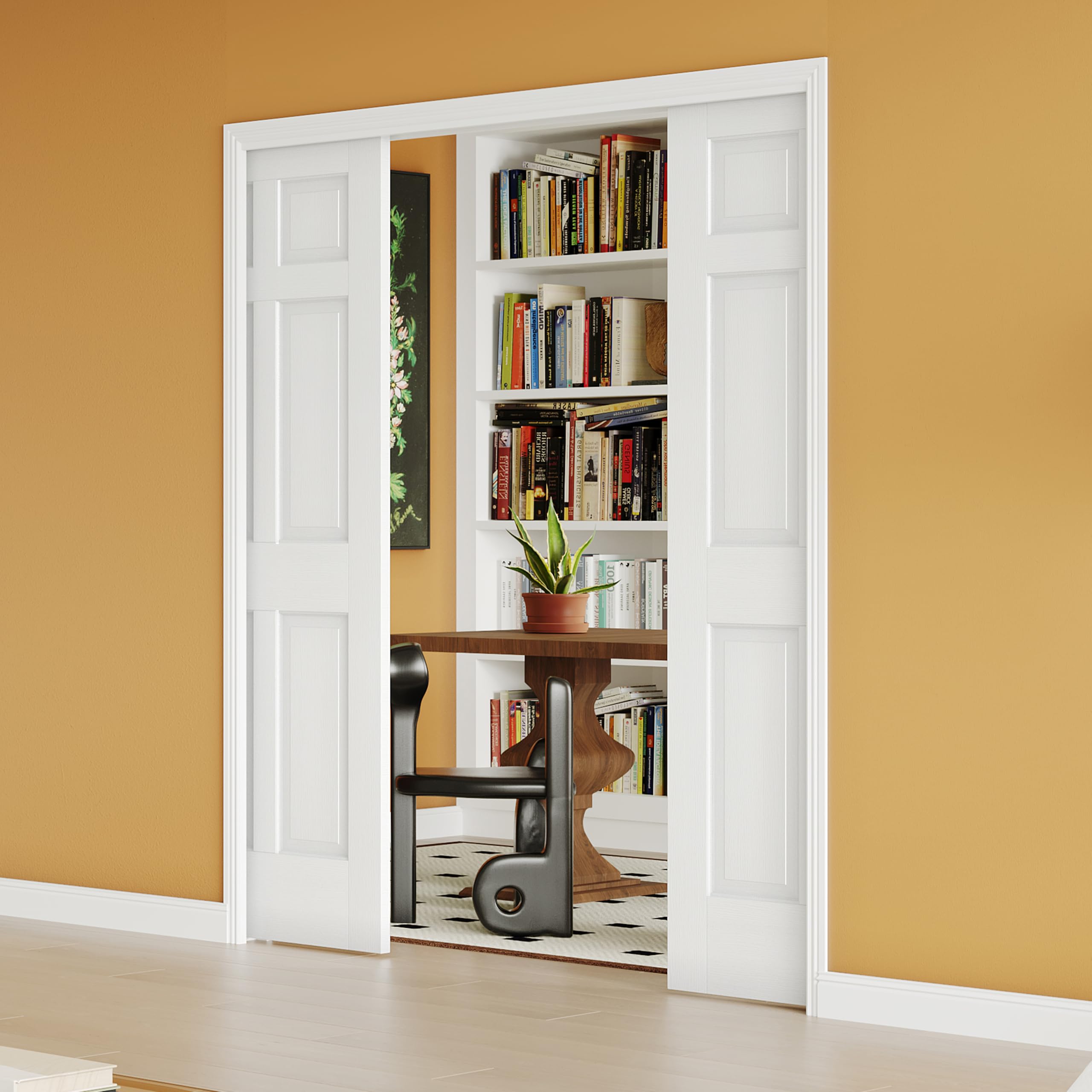 60" x 80" Sliding Pocket Interior Door, 6-Panel Hollow Core Pantry Door with Frame and Hardware Kit, Lightweight Closet Door, Waterproof PVC Surface, Easy to Install