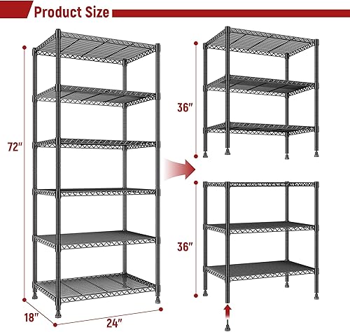 Miniatura 3 de REIBII Estantería de alambre de 72 pulgadas de alto, estantería de metal de 6 niveles y estantes de almacenamiento, estantería de garaje ajustable