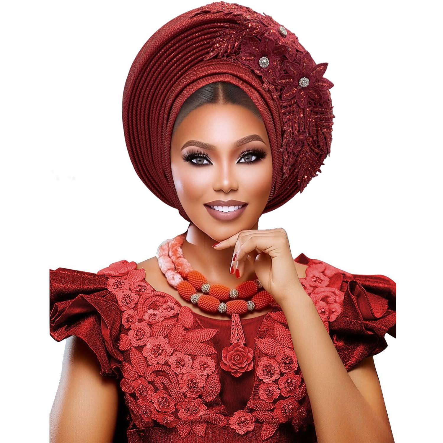 Fashion African Autogele Headtie Nigeria Women Head Wraps Already Made Wedding Geles Church Cap Headbands (Burgundy)