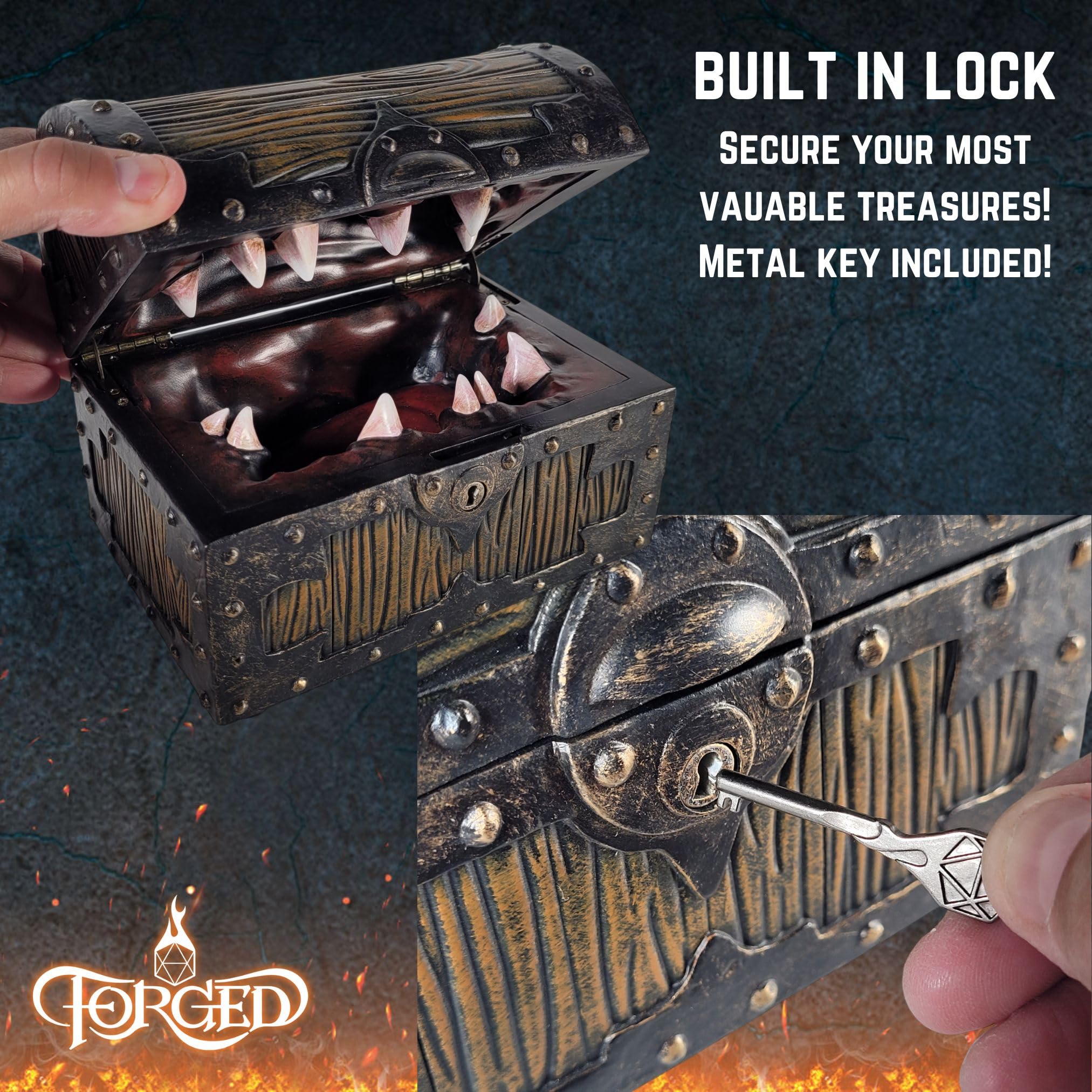 Forged Dice Co. Große Mimic Truhe Aufbewahrungsbox mit Schloss, kompatibel mit Dungeons and Dragons, DND-Zubehör und RPG-Miniaturen, für bis zu 5 DND-Würfel-Sets