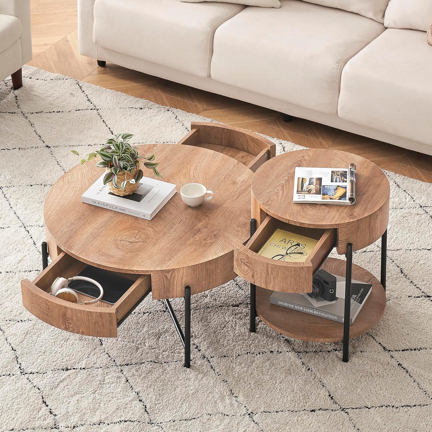 Table Basse Ronde 2 Niveaux avec tiroir et étagère Ouverte - Design Moderne en MDF Hydrofuge et Pieds métal - Idéale Salon/Chambre - 50x50x54,5 cm - Motif : Anneaux annuels
