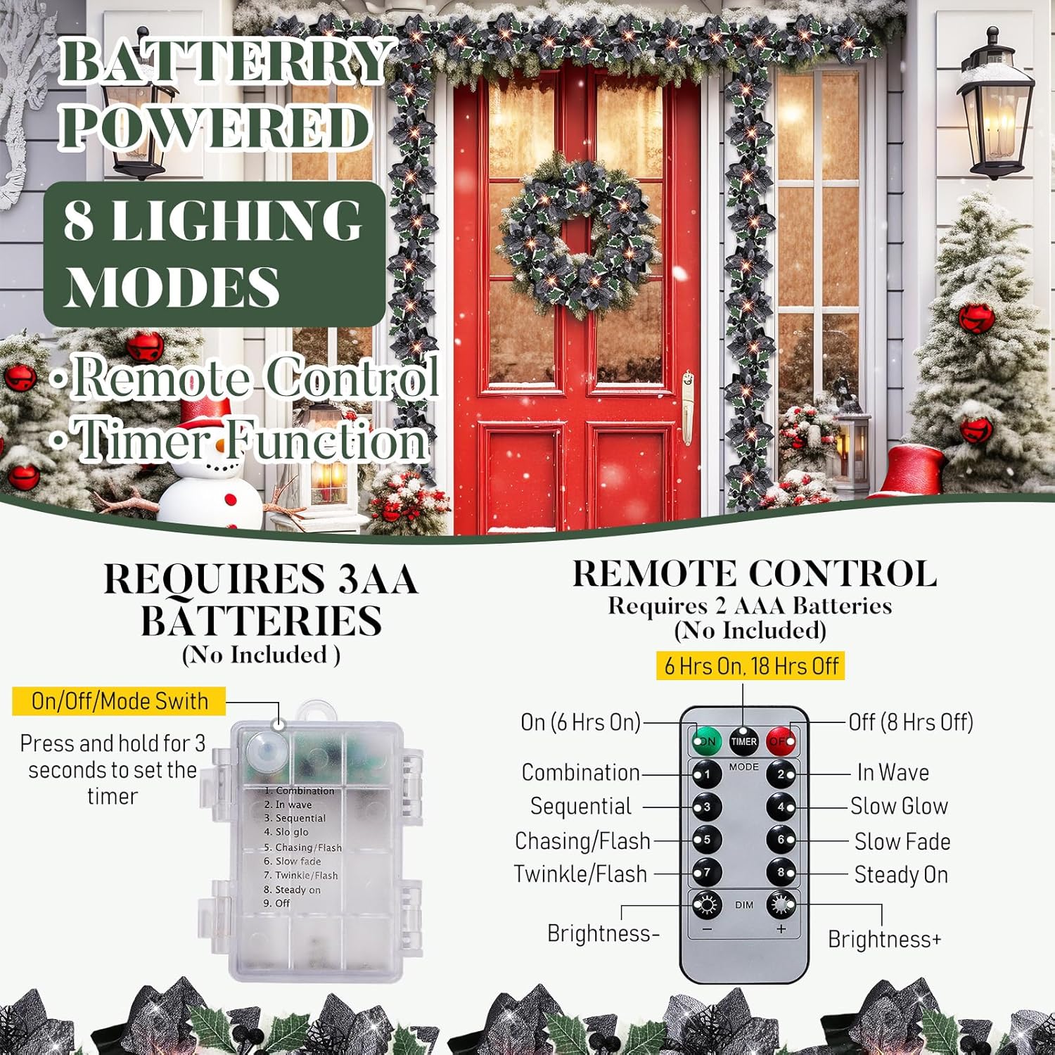 Zubebe 2 Pcs Prelit Poinsettia Christmas Garland with String Lights Glitter Holly Leaves Berries Remote Timer 8 Modes 6.5 ft Lighted Flower Garland Battery Operated Indoor Outdoor Decor (Black) - Image 4