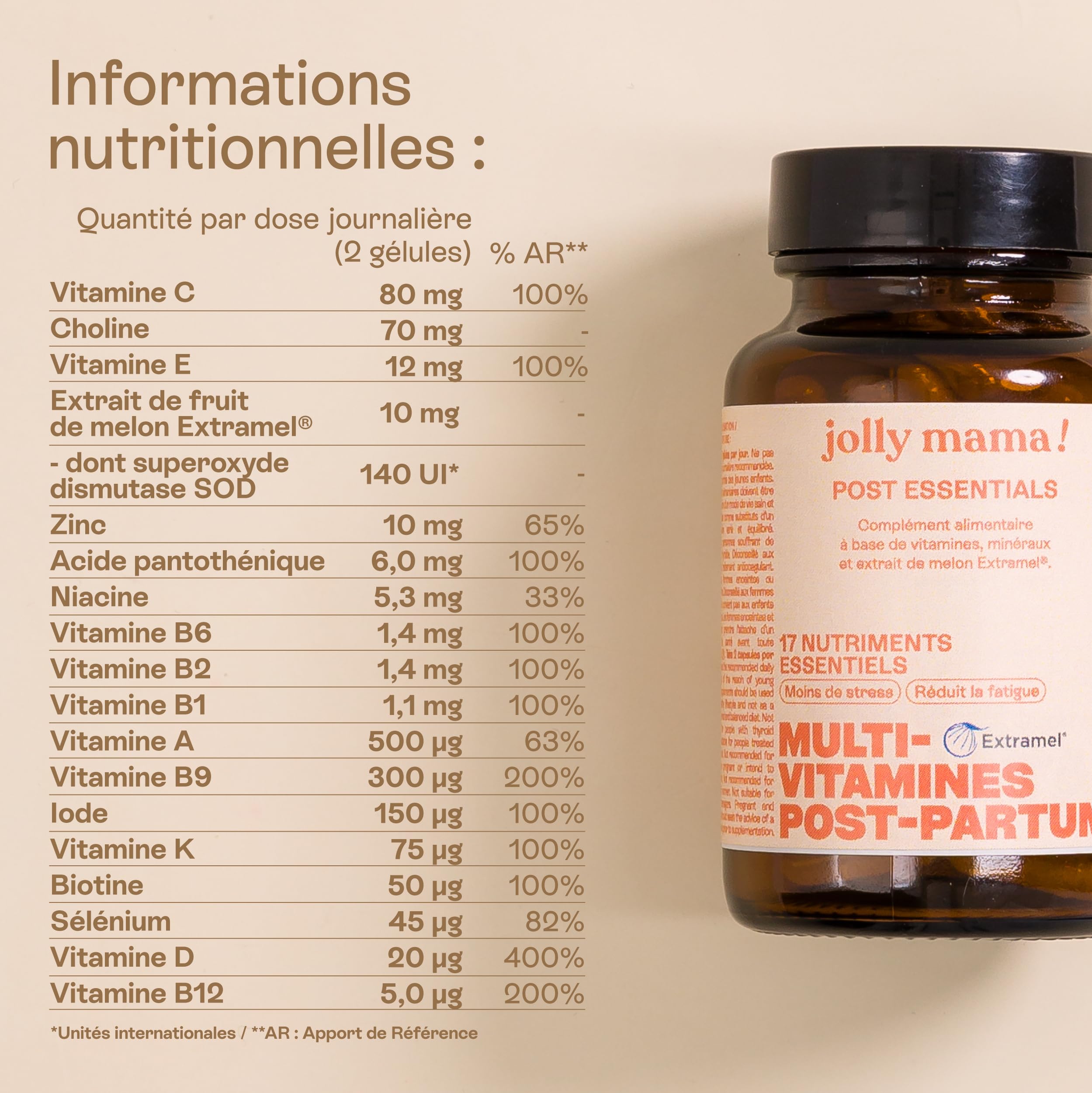 Jolly mama! Multi Vitamines Post Essentials | 17 Nutriments Clés Post-Partum | Avec Actif Breveté Extramel | Bien-Être Après Accouchement | Compatible Allaitement | Fabriqué en France | 60 Gélules
