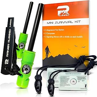Rainier Rugged 5-in-1 Glow-in-The-Dark Fire Starters Kits with Compass, Signal Mirrors, Whistles -Magnesium Ferro Rods - Compact Portable Hiking, Camping, Trekking,Emergency Survival Rescue