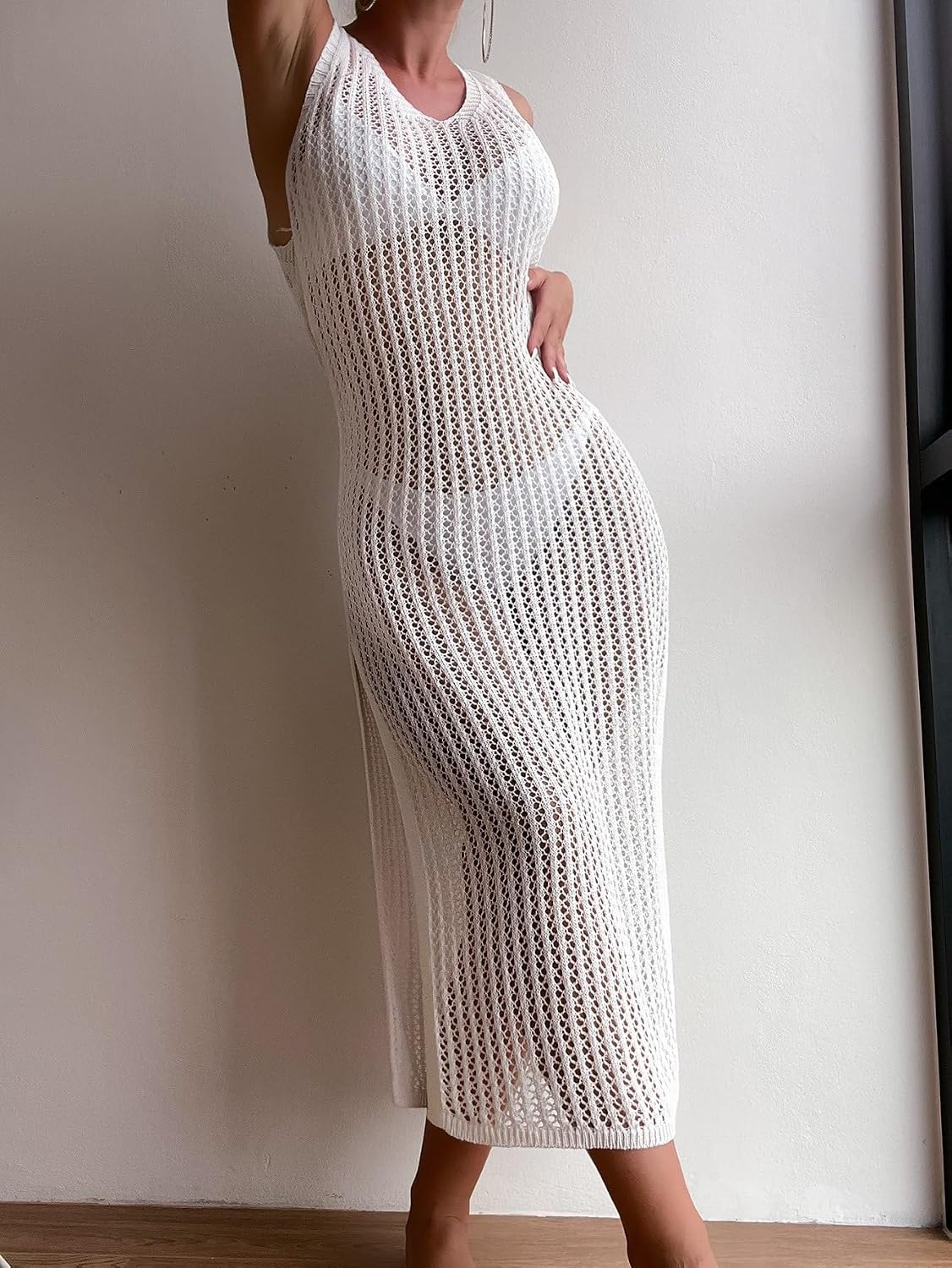 swimsuit coverup for women Sleeveless Summer Beach Hollow Out Slit Cover Up
