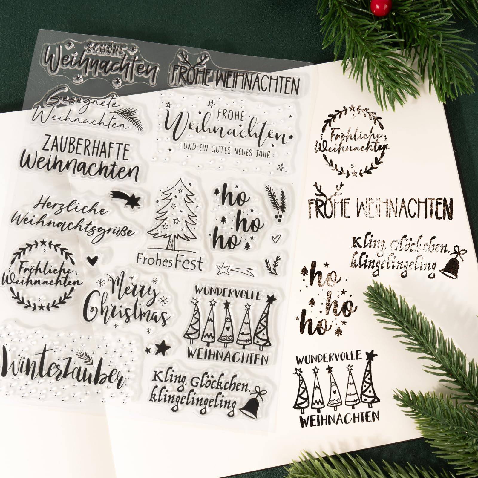 Kesote Weihnachtsstempel Set - 4 Clear Stempel Mit Acrylblock, Deutsch Frohe Weihnachten Motive