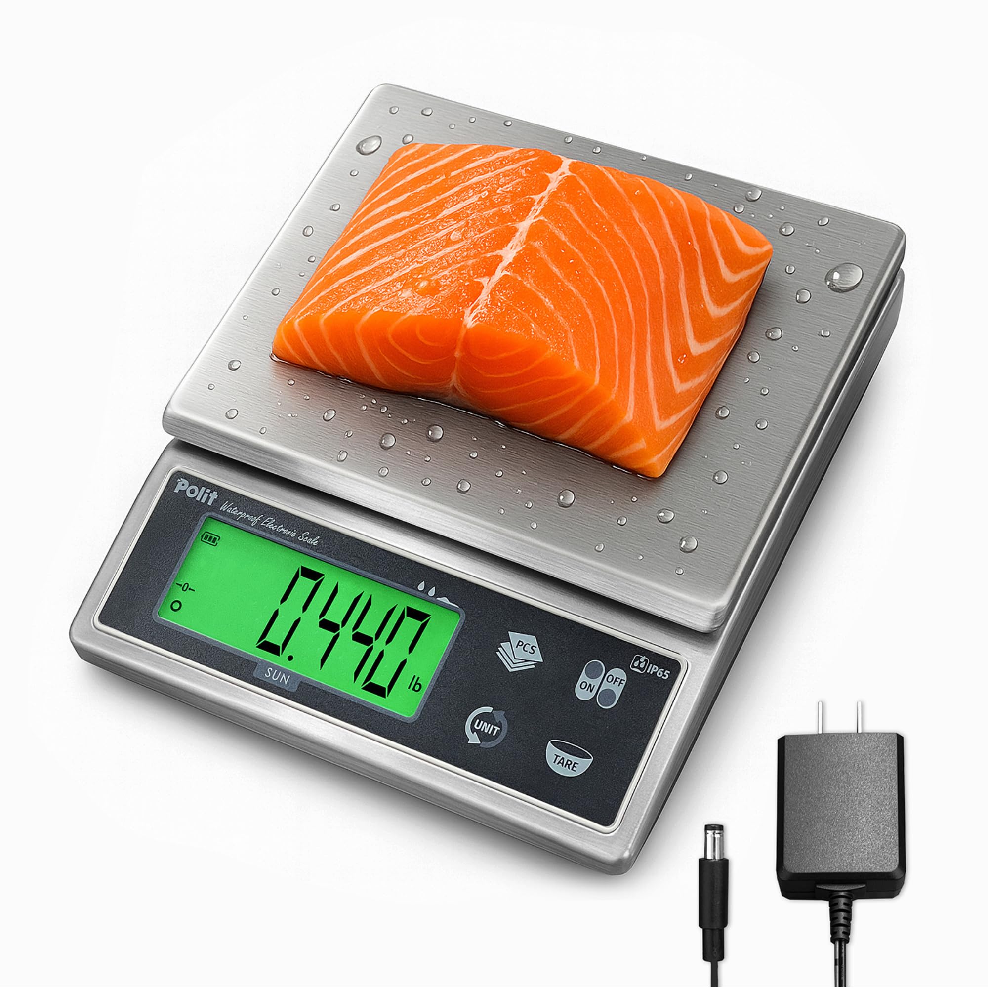 Polit Báscula digital de cocina para alimentos, 13 libras/6 kg, 0,5 g, precisión de 0,5 g, acero inoxidable impermeable con pantalla LCD, recargable, 5 unidades de peso (adaptador de corriente