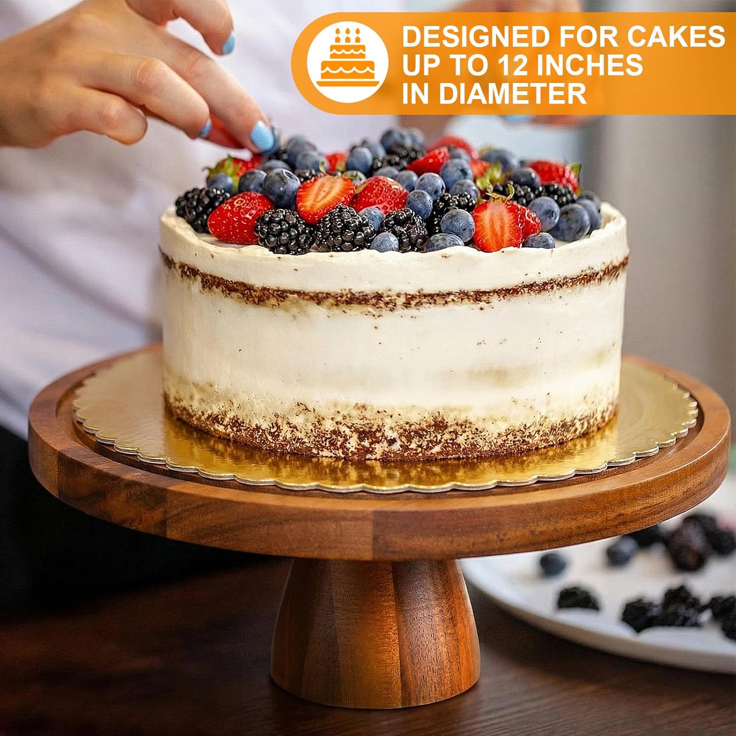 Lallisa Cake Stand with Dome Lid 12", Multifunctional Serving Platter Punch Bowl with Knife, Spatula & 5 Mats, Dessert Table Display for Salad Veggie Fruit Chips(Acacia Wood,Gold, Brown Color)