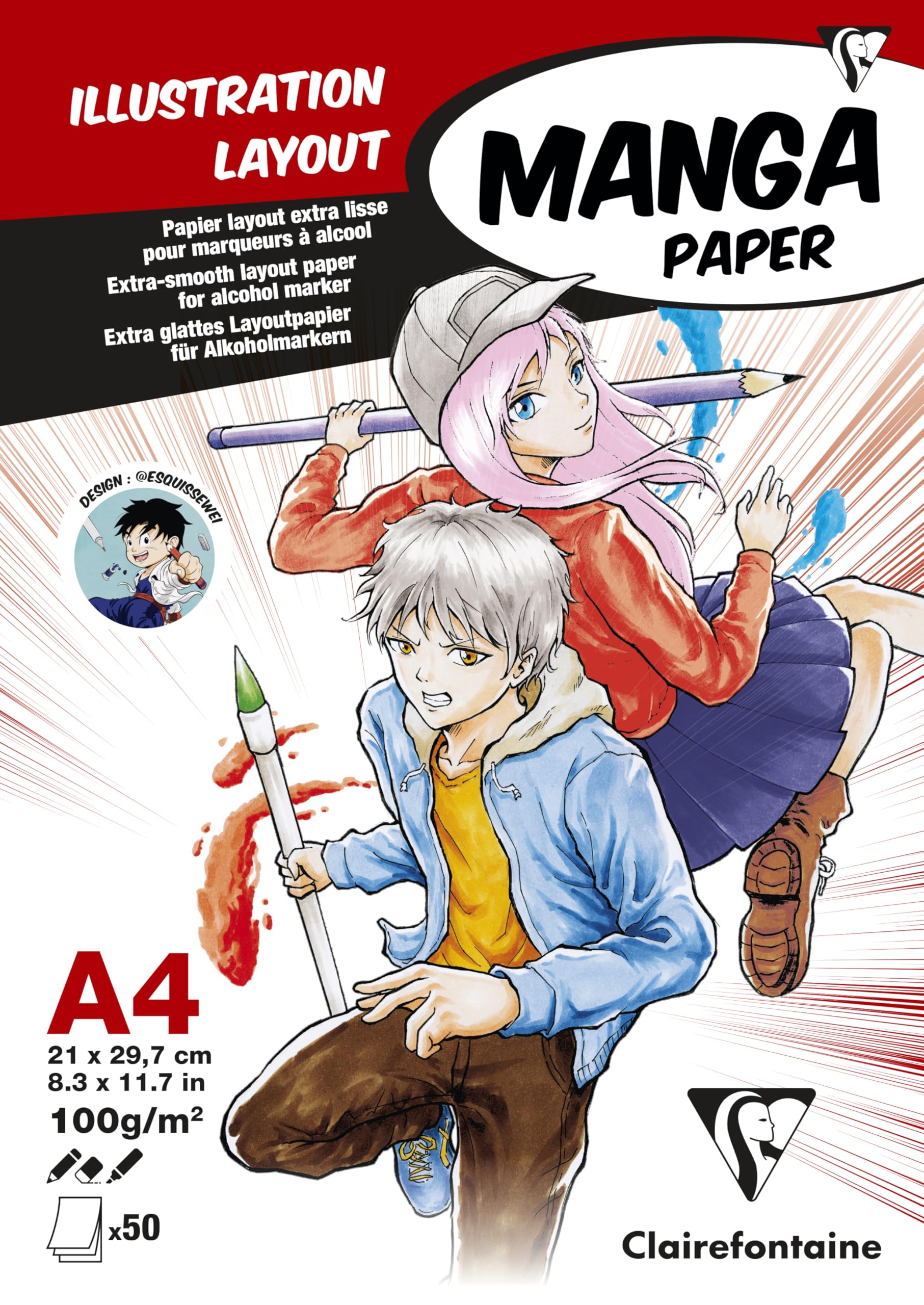 Clairefontaine 94042C Bloc Encollé Papier Manga et Illustration - 50 Feuilles Blanc Extra Lisse A4 21x29,​7 cm 100g - idéal pour le Dessin au Feutre à Alcool