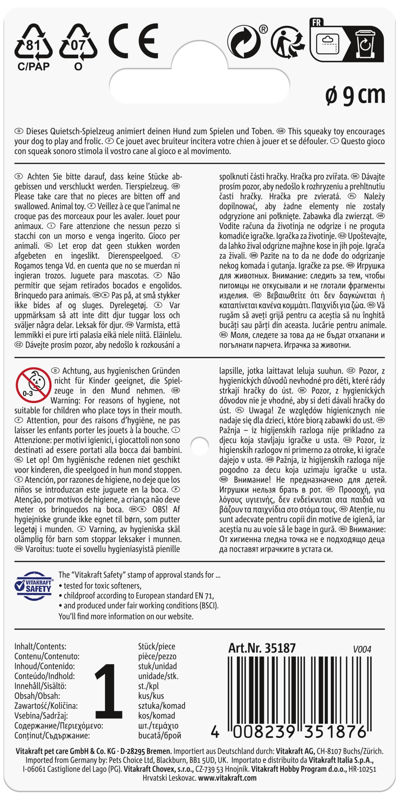 Vitakraft Kręcona piłka, zabawka dla psów, solidna zabawka dla psa, z piszczałkami, termoplastyczna guma wspomaga krążenie krwi w dziąsłach (1 szt.)