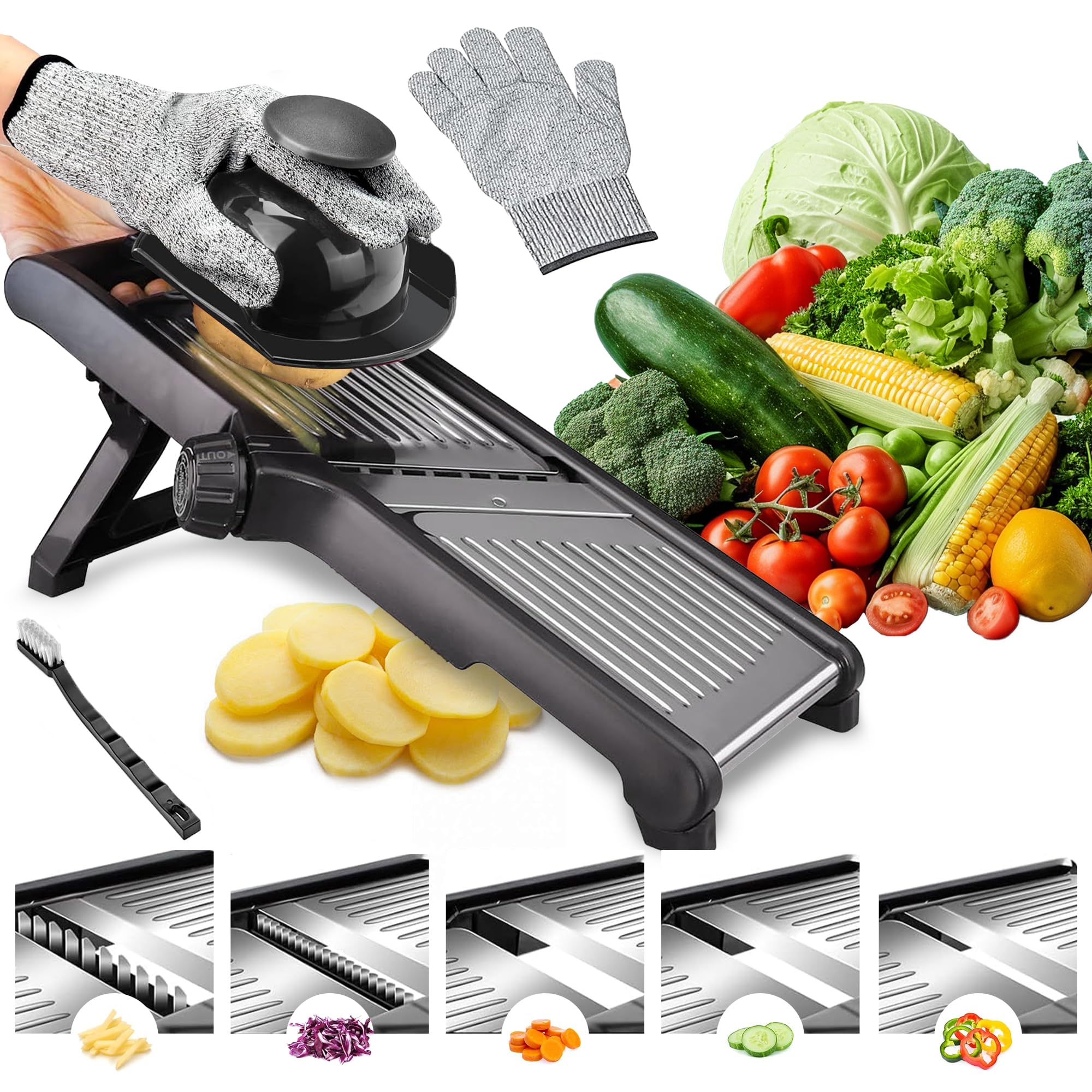NIOSAVM Mandoline Slicer,mandoline slicer for kitchen,commercial mandolin Potato Slicer,Vegetable Slicer,French Fry Cutter, Stainless Steel Vegetable Chopper,Cut - Resistant Gloves