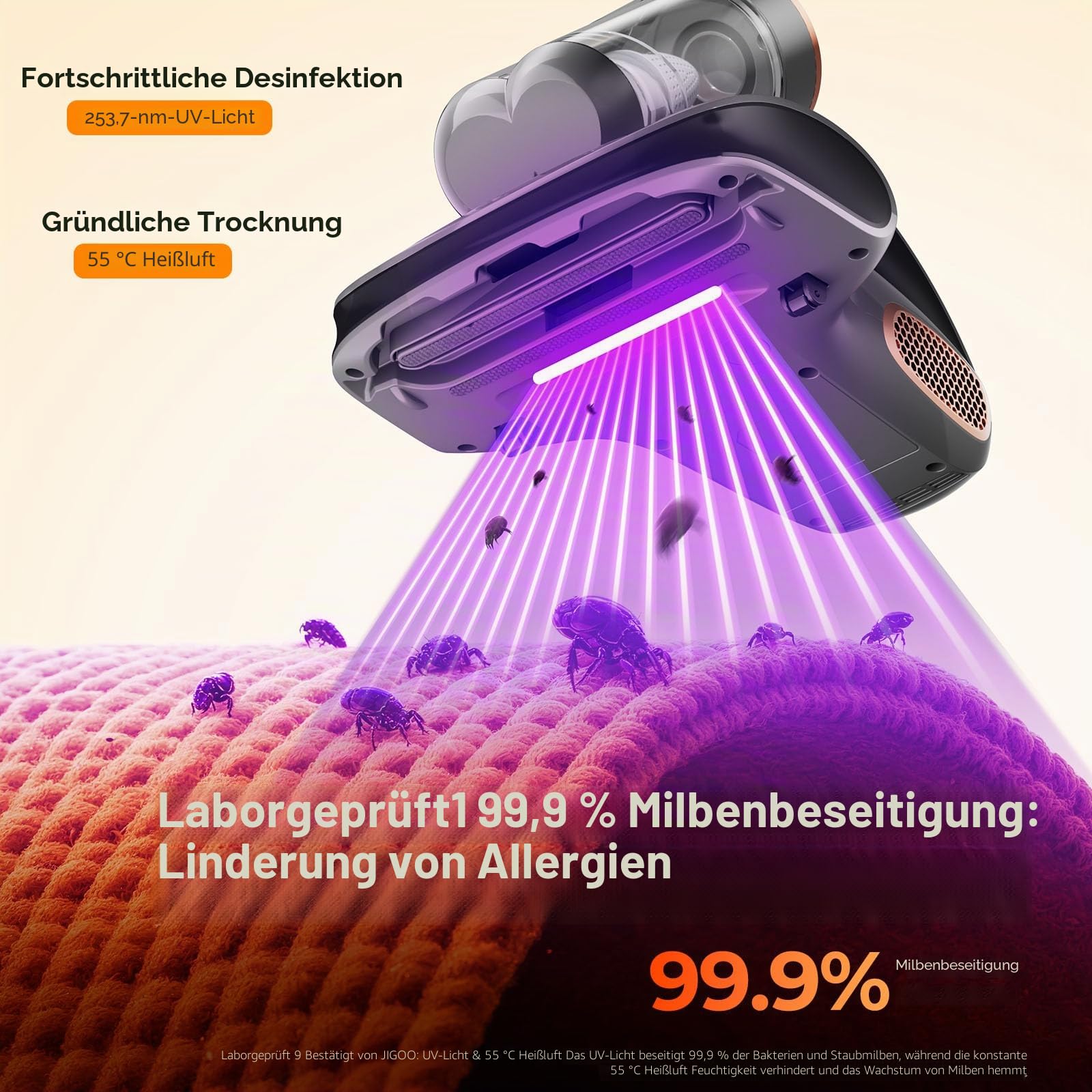 JIGOO S100 Kabelloser Matratzenstaubsauger: Tiefenreinigender Milbenstaubsauger mit UV-Licht gegen Allergene, 80000 U/min Klopftechnik für Matratzen/Kinderbetten/Sofas/Haare