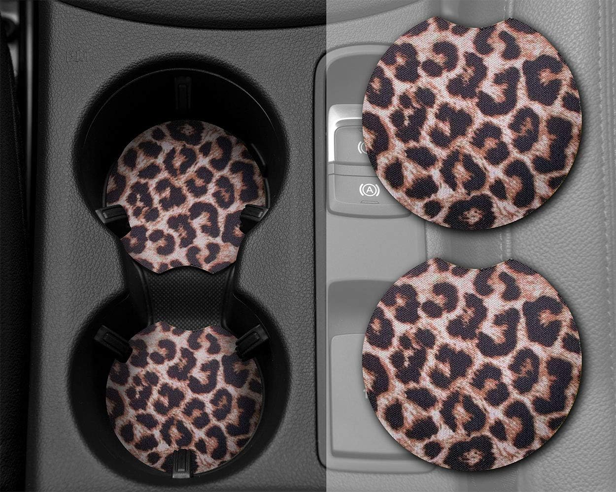 YR 2.75 Inches Car Coasters for Drinks Absorbent, Cute Car Coasters for Women, Removable Cup Holder Coaster for Your Car, Auto Accessories for Women & Girls, Set of 2 -Leopard