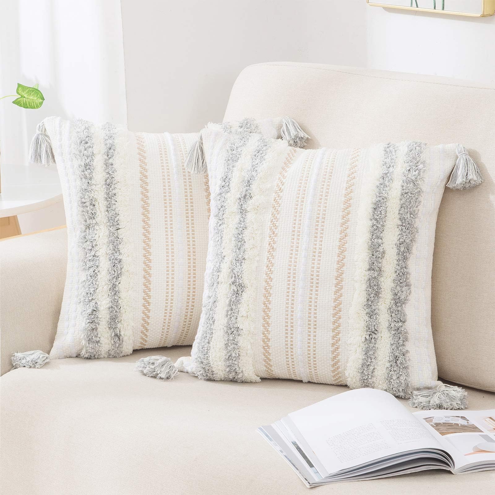 decorUhome Boho Light Grey Cushion Covers 50x50cm Set of 2, Decorative Tufted Tassel Woven Pillow Case for Sofa Couch 20x20 Inch
