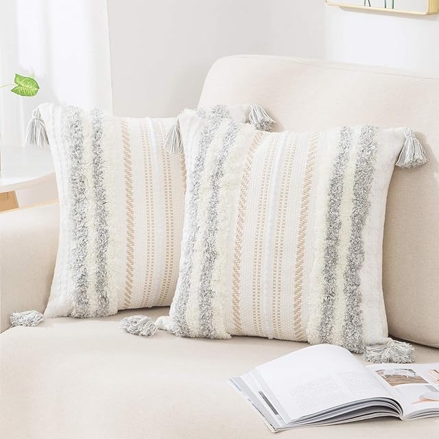 decorUhome Boho Light Grey Cushion Covers 45x45cm Set of 2, Decorative Tufted Tassel Woven Cushion Cover for Sofa Couch 18X18 Inch