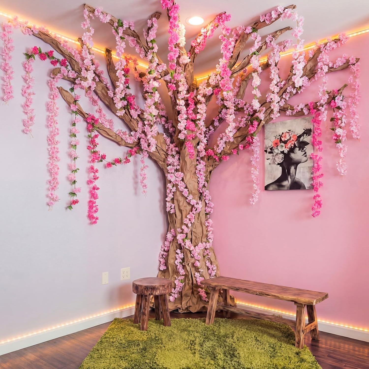 Yinder 35 Pcs 3D Wisteria Tree for Classroom Room Include Artificial Cherry Blossom Vines with Kraft Paper Tape for Classroom Home Room Wedding Summer Party Decor