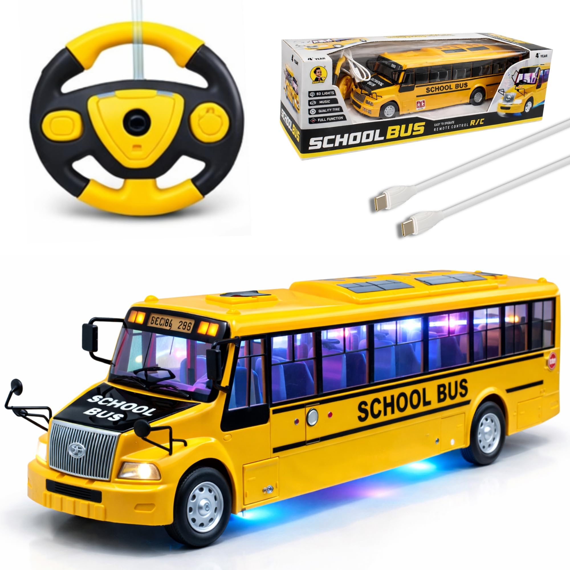 SB RC School Bus Toys for Kids Remote Control with LED Lights, 2.4GHz Remote Control, USB Rechargeable, Big Large Size, Musical 'Wheels on the Bus' Song for Boys & Girls 3+ 7778 Yellow-image-25