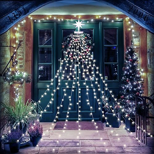 PUHONG Guirnalda de luces de Navidad con estrella iluminada de 11 pulgadas y con tiras de 16.4 pies, 315 luces LED para árbol de Navidad 8 modos y