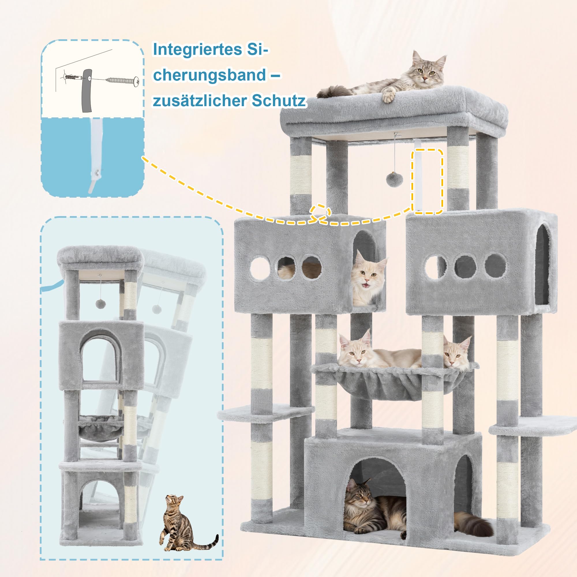 Hey-brother Arbre à Chat, Tour de Jeux Multiniveaux 144cm pour Maine Coon, avec 3 Grandes grottes, Plateformes spacieuses, Niche Confortable et Balle Peluche Suspendue, Gris Clair MPJ083W