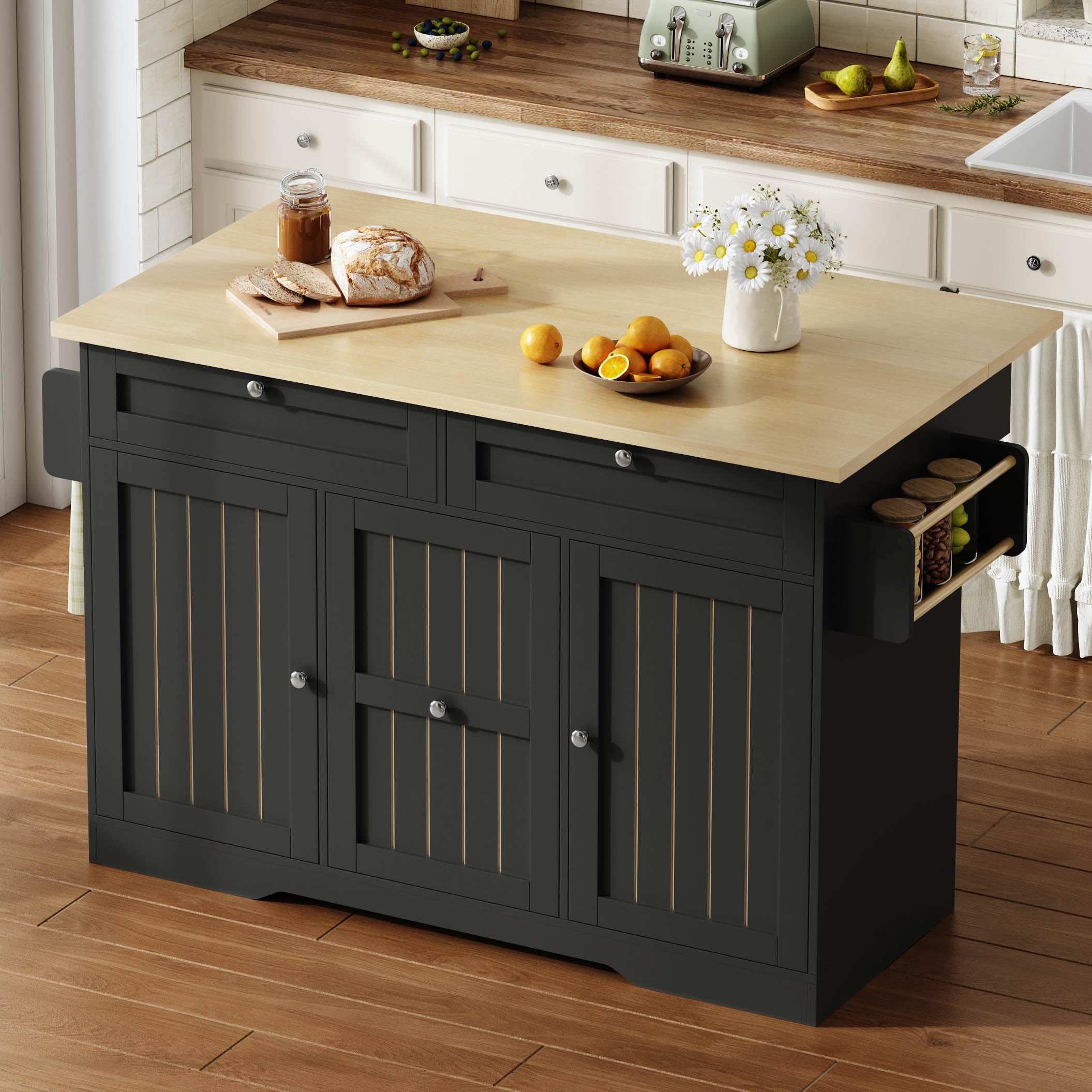 Isola da cucina mobile con piano di lavoro pieghevole, carrello da portata e armadietto, 137 x 70 x 92 cm, nero + naturale, cassetti verticali a 2 livelli, 2 cassetti grandi, ruote bloccabili