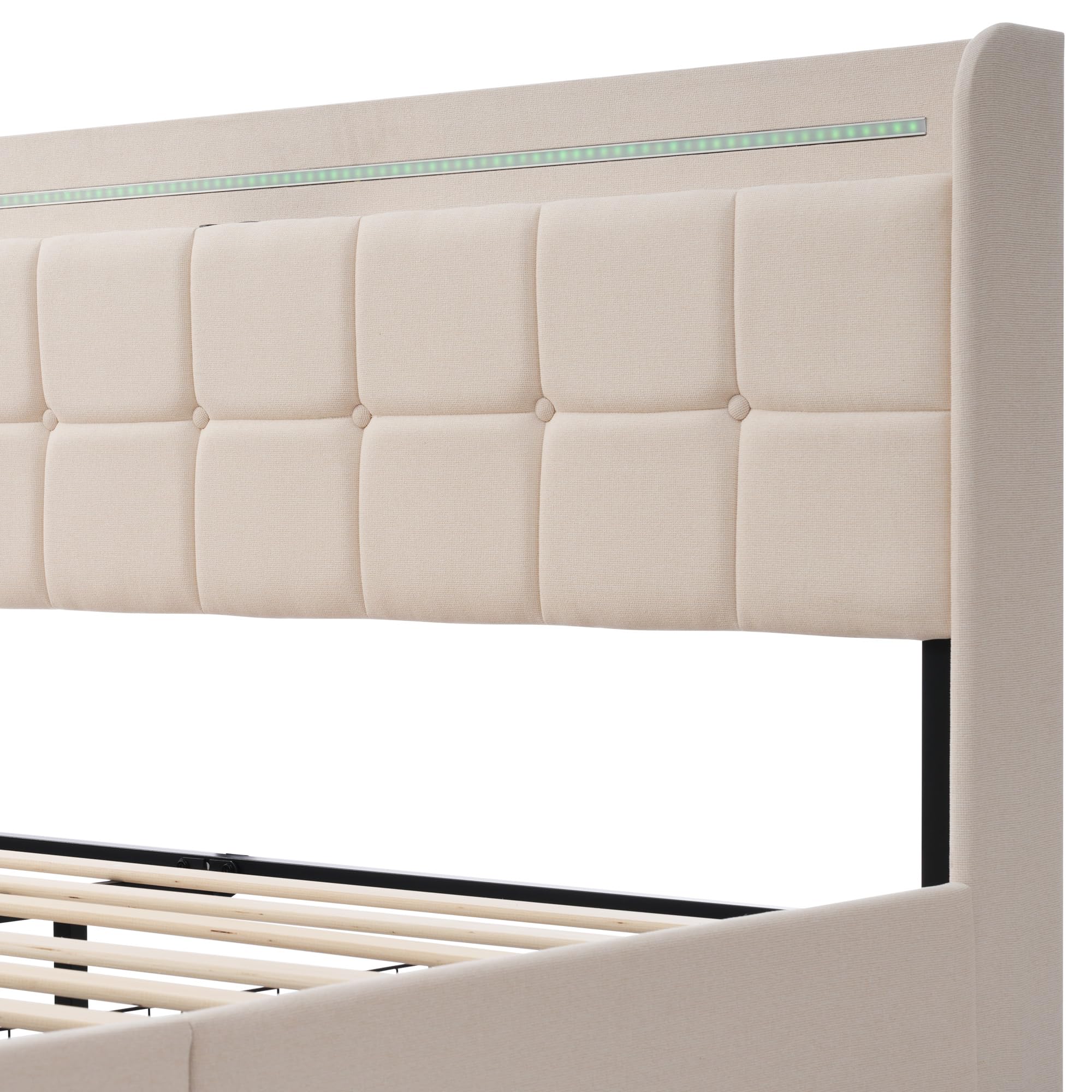 GeRRiT Lit 2 Personnes 160 x 200 cm Avec Éclairage LED, Tête de Lit Avec Chargement USB, 4 Tiroirs, Sommier à Lattes en Bois (Matelas Non Inclus) (Beige)
