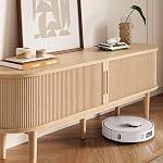 LINSY HOME TV Stand for 65" TV, Mid-Century Modern 58" Entertainment Center with Sliding Tambour Door and Storage Cabinet, Cruved TV Media Console Table for Living Room, Bedroom, Oak