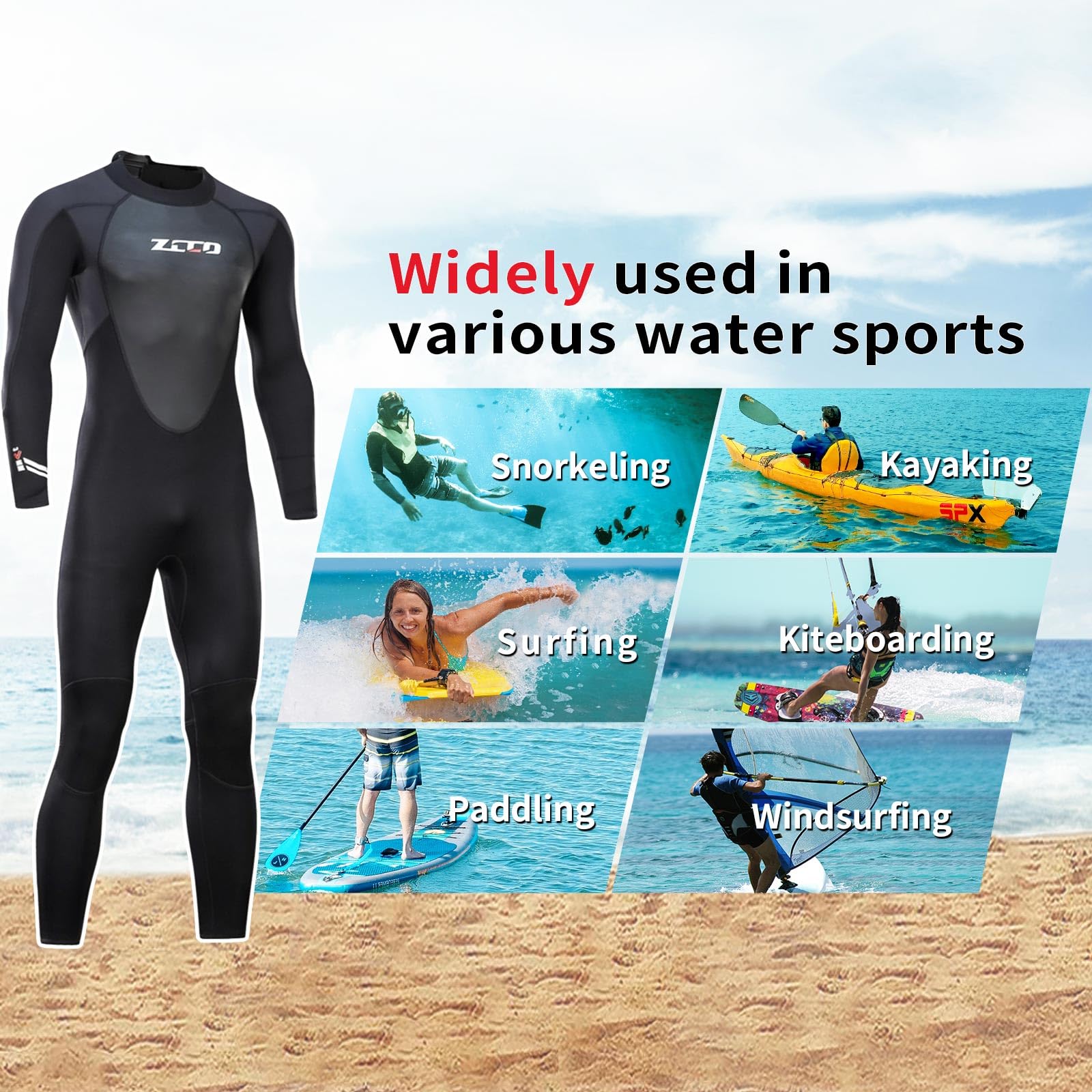 Muta da uomo e da donna, 3 mm, a maniche lunghe, in neoprene, con cerniera posteriore, per pesca a lancia, surf, snorkeling, canoa