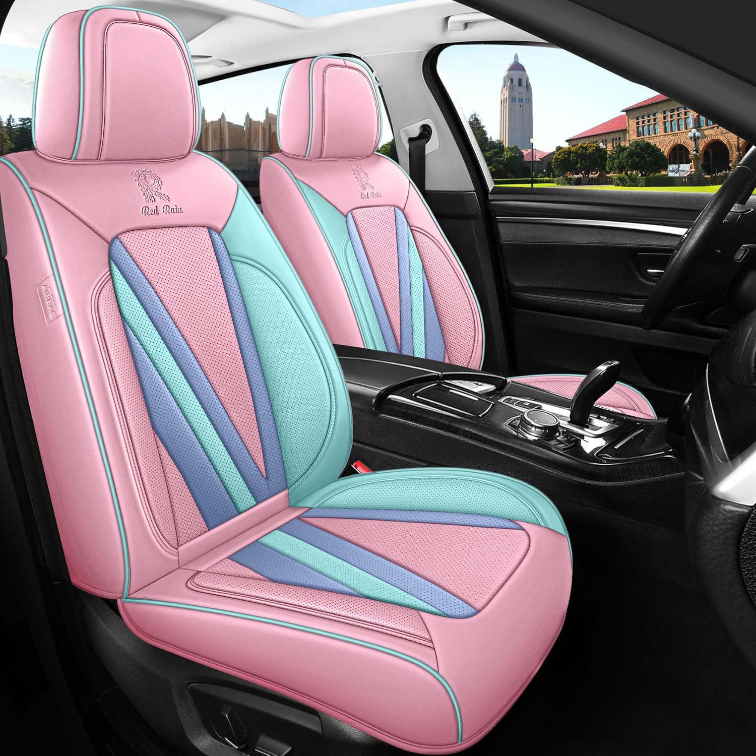 Red Rain Pink and Blue Leather Seat Cover Universal Car Seat Cover Full Set Auto Seat Cushion Cover (JJ-Pink+Blue)