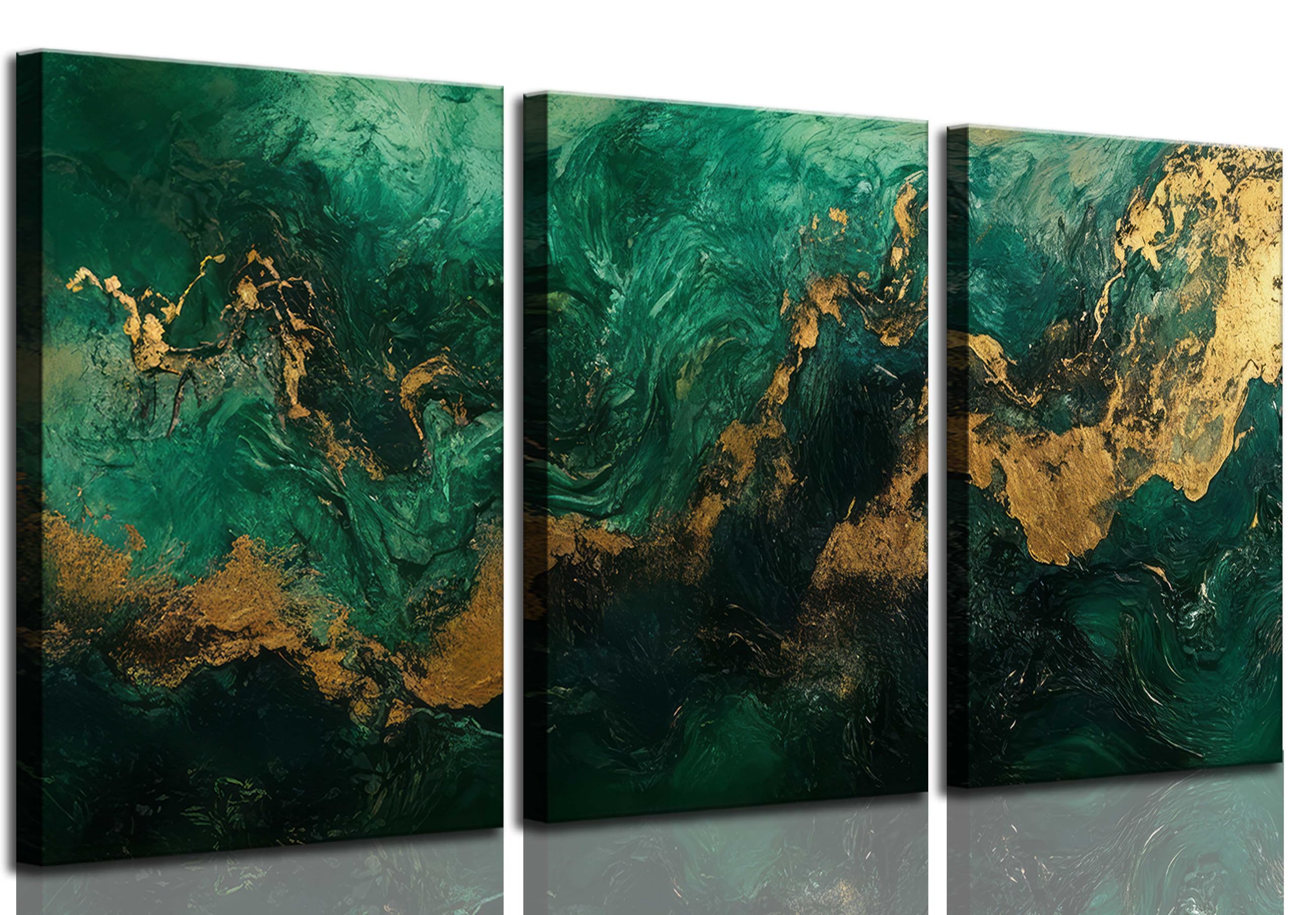3pcs Emerald Green and Gold Canvas Wall Art Modern Abstract Gorgeous Fluid Marble Paintings Pictures Living Room Wall Decor Posters Print Artwork for