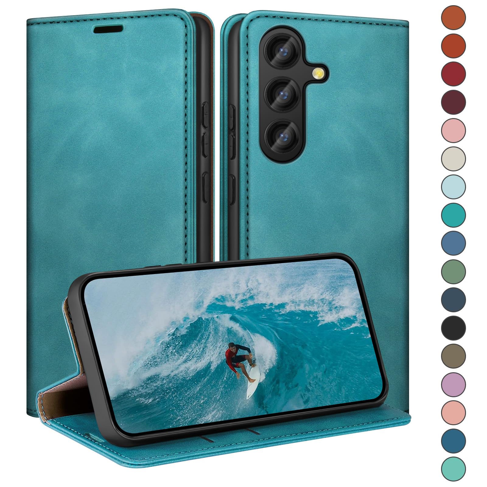 Coque Samsung S24 Plus portefeuille cuir vert d'eau avec blocage RFID - 7