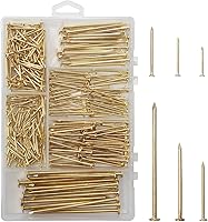 JEGONFRI 358pcs Gold Brass Plated Nails Assortment Kit - 6 Sizes (3/4" to 3") Picture Hanging, Finishing, Wood & Wall Nails