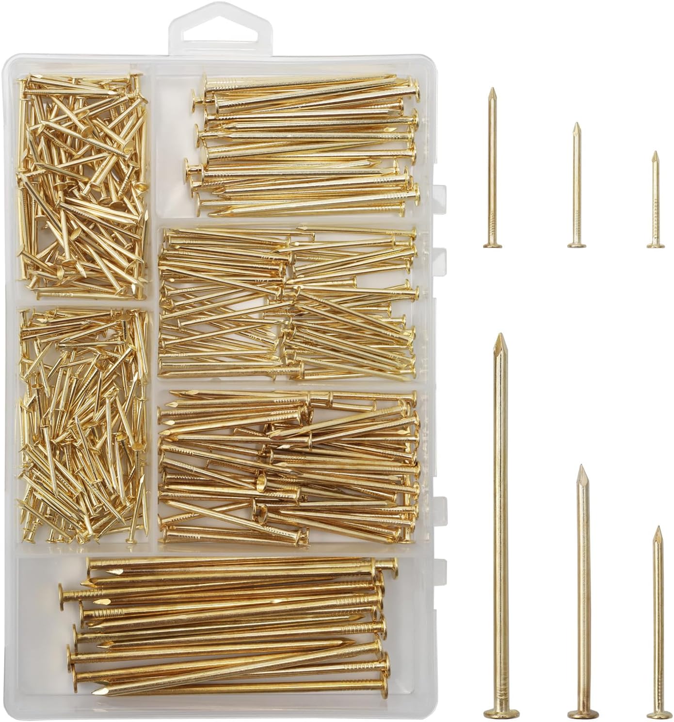 6 Sizes Gold Hardware Nails Assortment Kit, 358pcs, Brass Plated, Nails for Hanging Pictures, Finishing Nails, Wood Nails, Wall Nails for Hanging (3”, 2”, 1-1/2”, 1-1/4", 1”, 3/4")