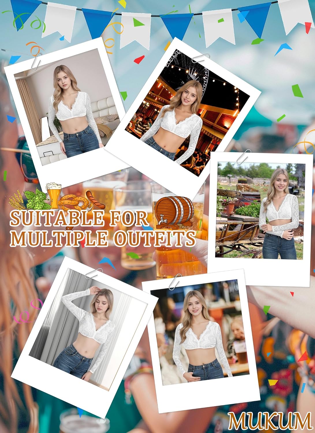 Women German Dirndl Blouse Bavarian Oktoberfest Costume White V-neck Long-Sleeved Crop Tops for Women Beer Festival XX-Large