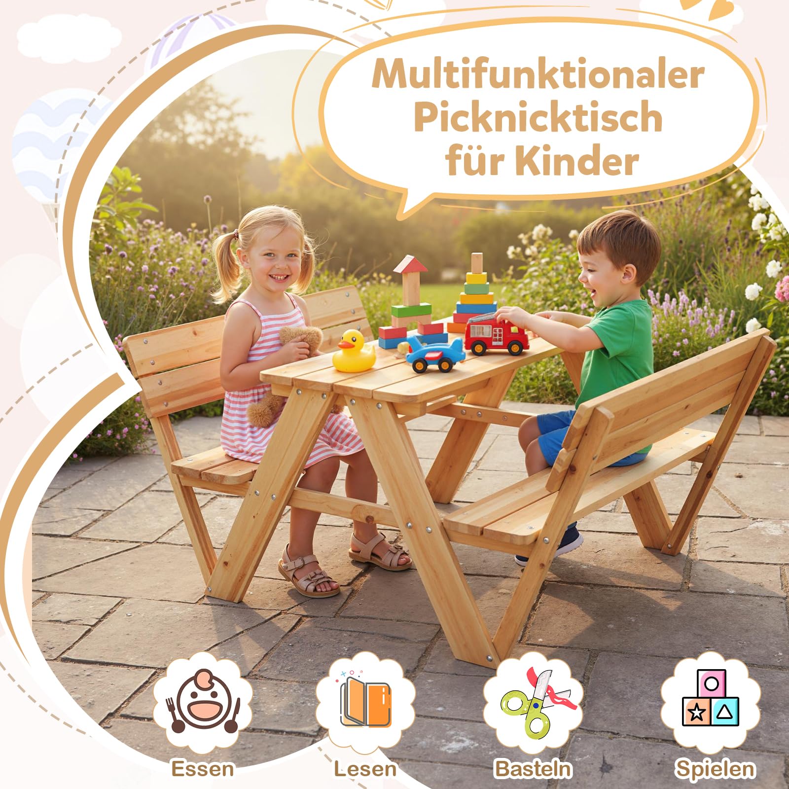 COSTWAY Kinder Picknicktisch, Kindersitzgruppe Outdoor mit Tisch & 2 Sitzbänken, Kindersitzgarnitur Garten für bis zu 4 Kinder, Sitzgruppe Gartenmöbel aus Holz für Jungen & Mädchen ab 3 Jahren