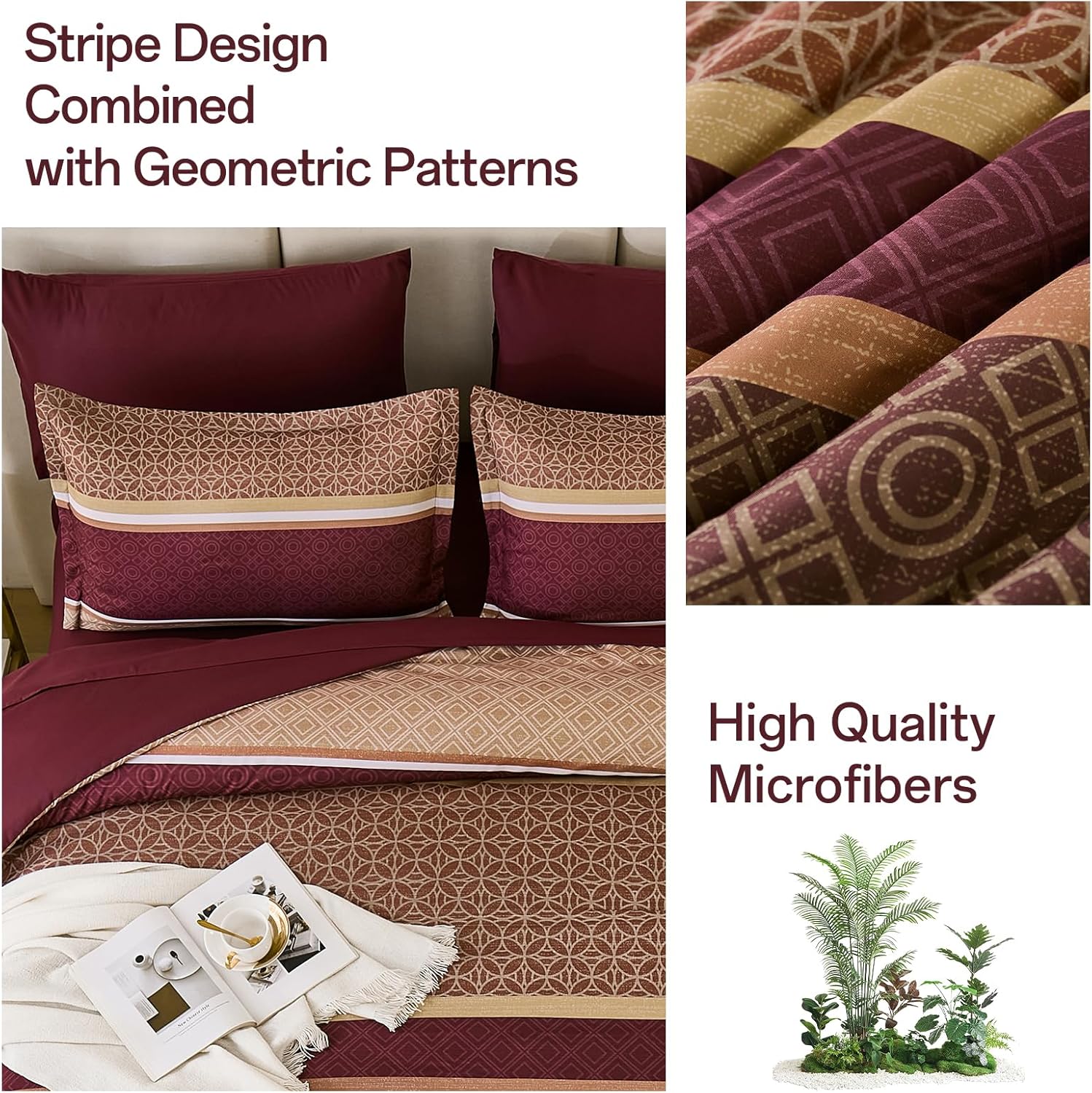 WONGS BEDDING Burgundy Comforter Set King Size,7 Pieces Maroon Striped Bed in a Bag Comforter and Sheet Set,Patchwork Soft Lightweight Micorfiber Bedding Set for All Seaon (90"×104") - Image 8