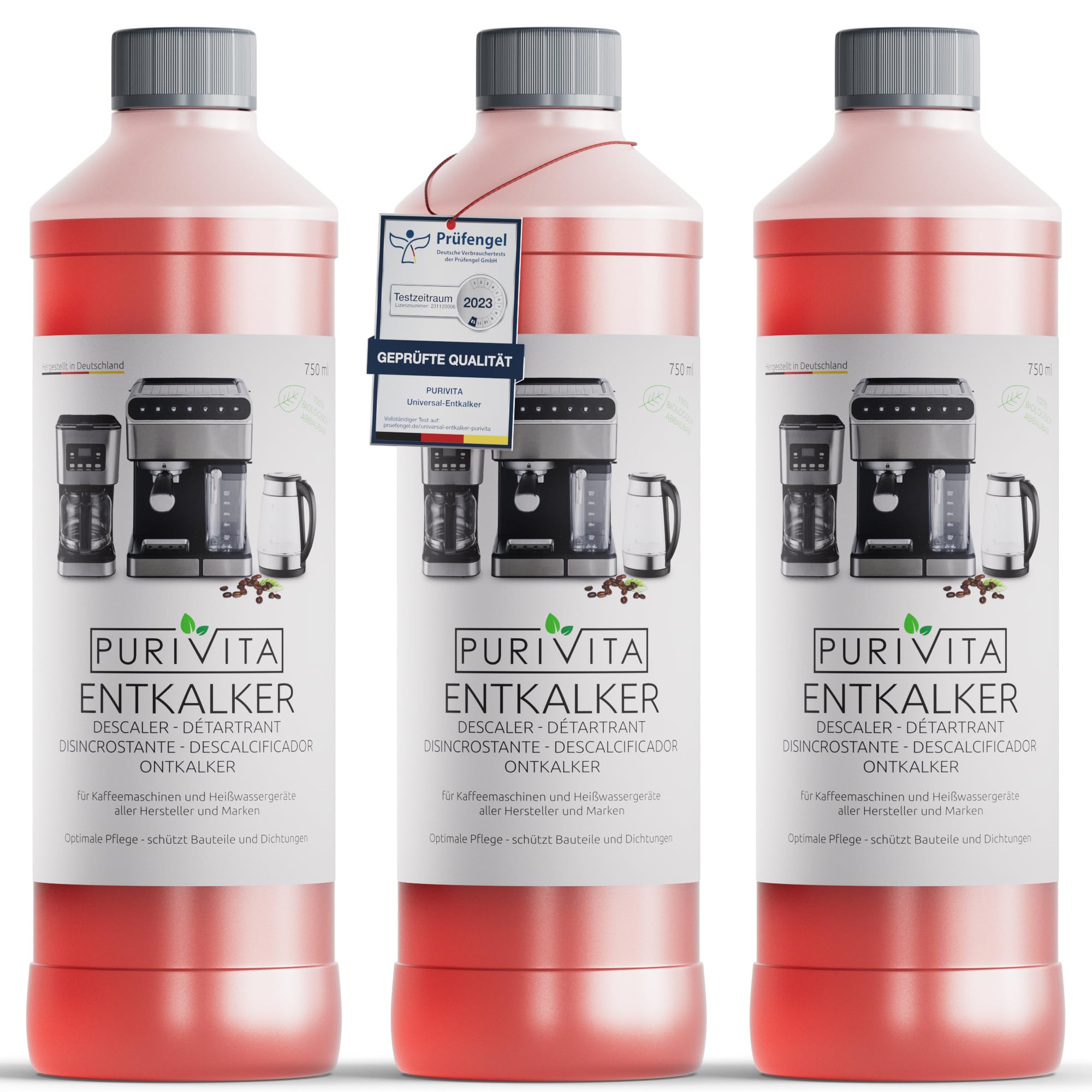 PURIVITA® Universal Entkalker Kaffeevollautomat [3x750ML] - Kaffeemaschinen Entkalker Flüssig - Flüssigentkalker Kaffeemaschine Reiniger - Kalkreiniger Kaffeevollautomaten - Für alle Kaffeeautomaten