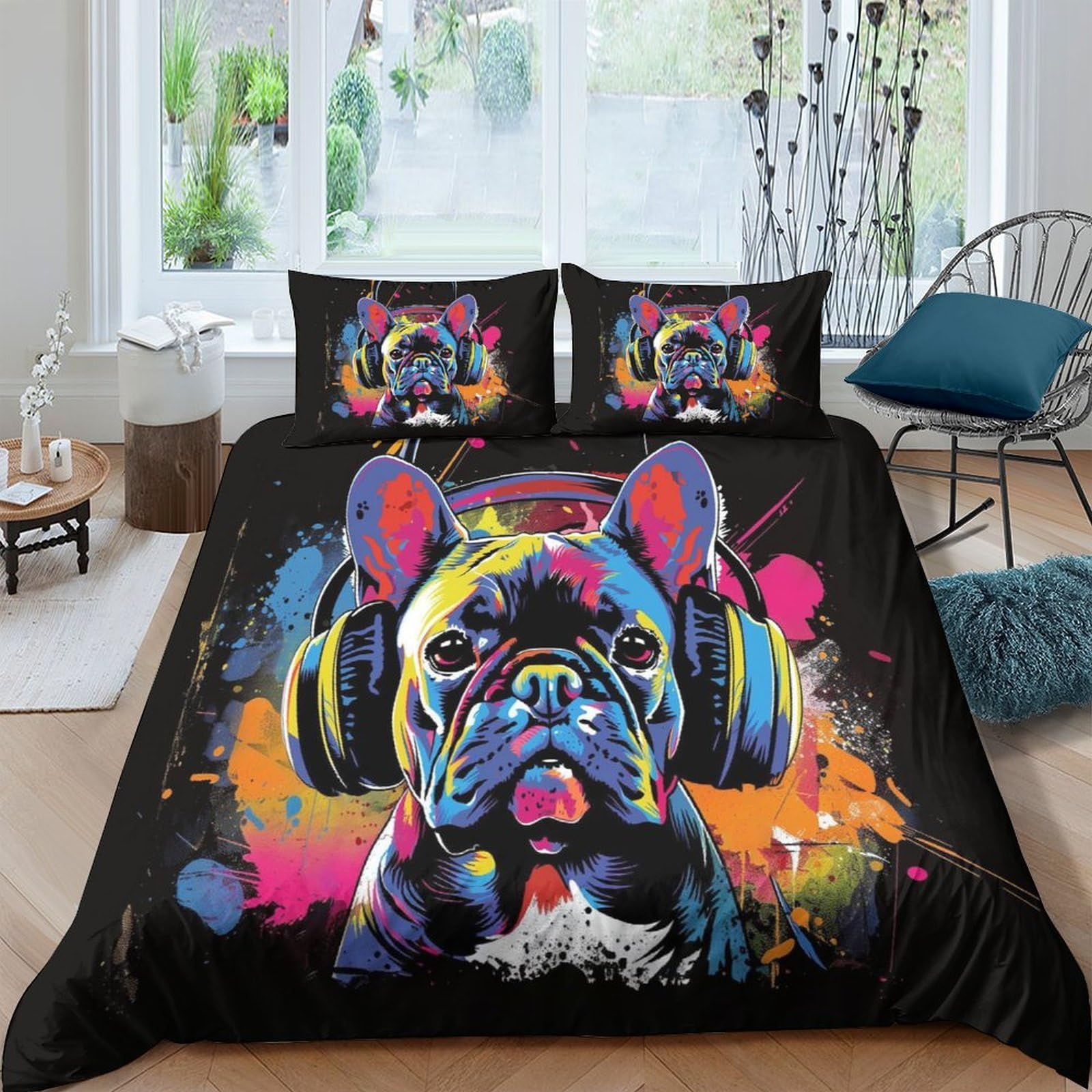 Ctjqhvkz Style-5 3D Printed French Bulldog Headphones Fitted Sheet Microfiber Soft Colorful Bed Sheet For Bedroom Guestroom Decor Single（135X200cm）