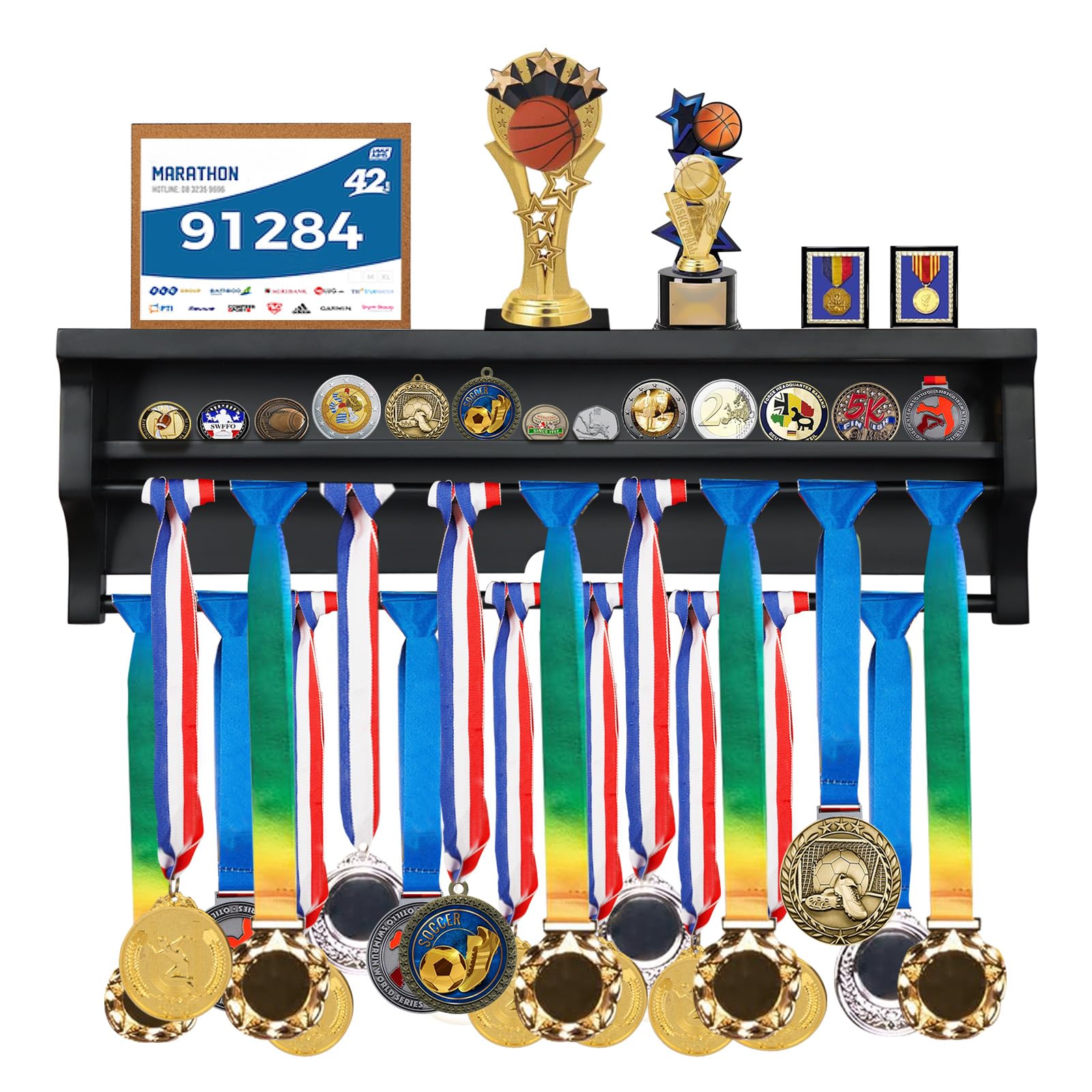 Medaillenaufhänger, Massivholz, Medaillenhalter, Wandmontage, Trophäenregal für Gymnastik, Fußball, Basketball, Fußball und andere Sportarten mit Latzbrett, Schwarz